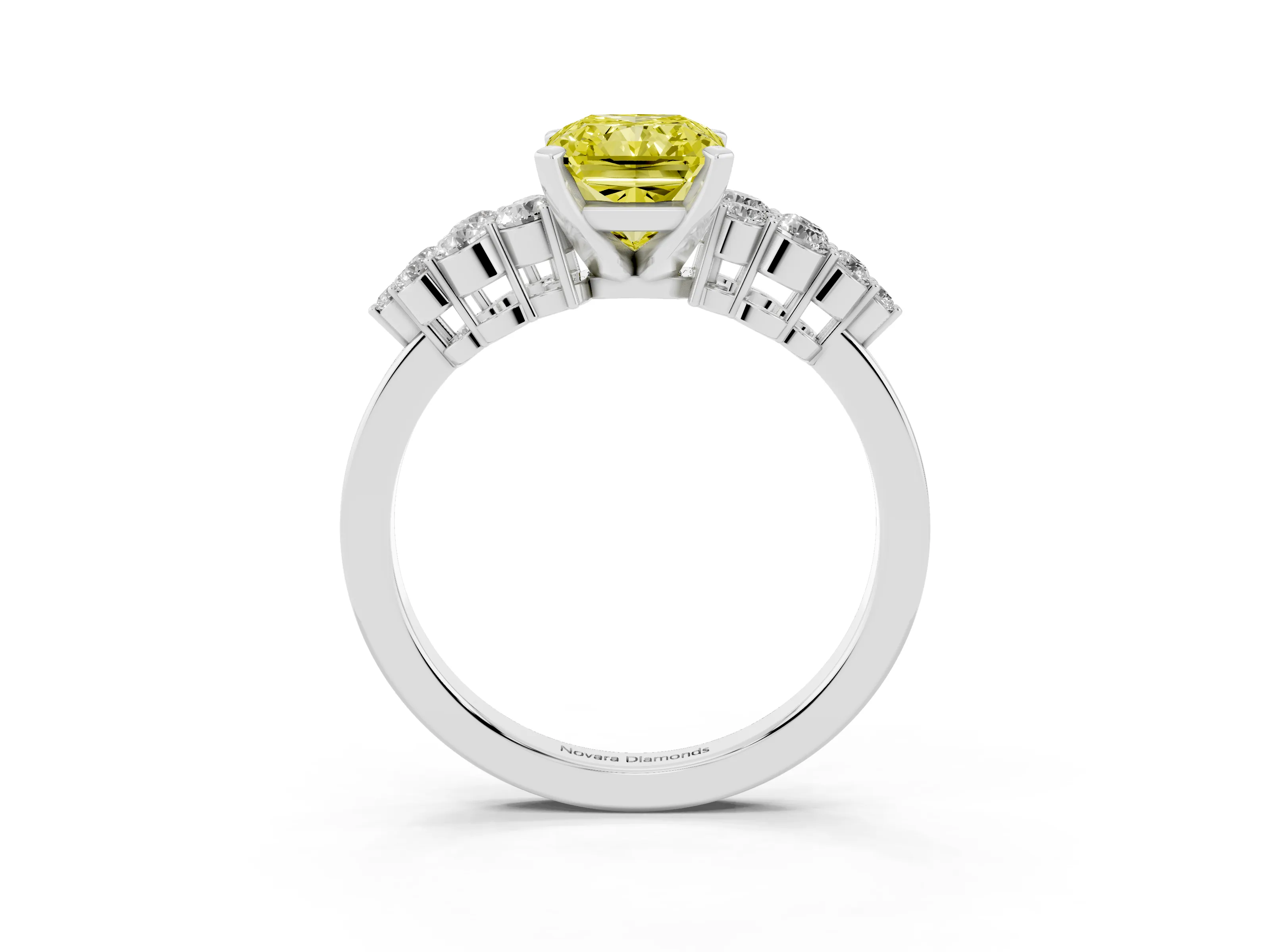 Fancy Yellow Radiant Cut Diamond Cluster Engagement Ring Set in Platinum with Pavé Band and Prong Setting