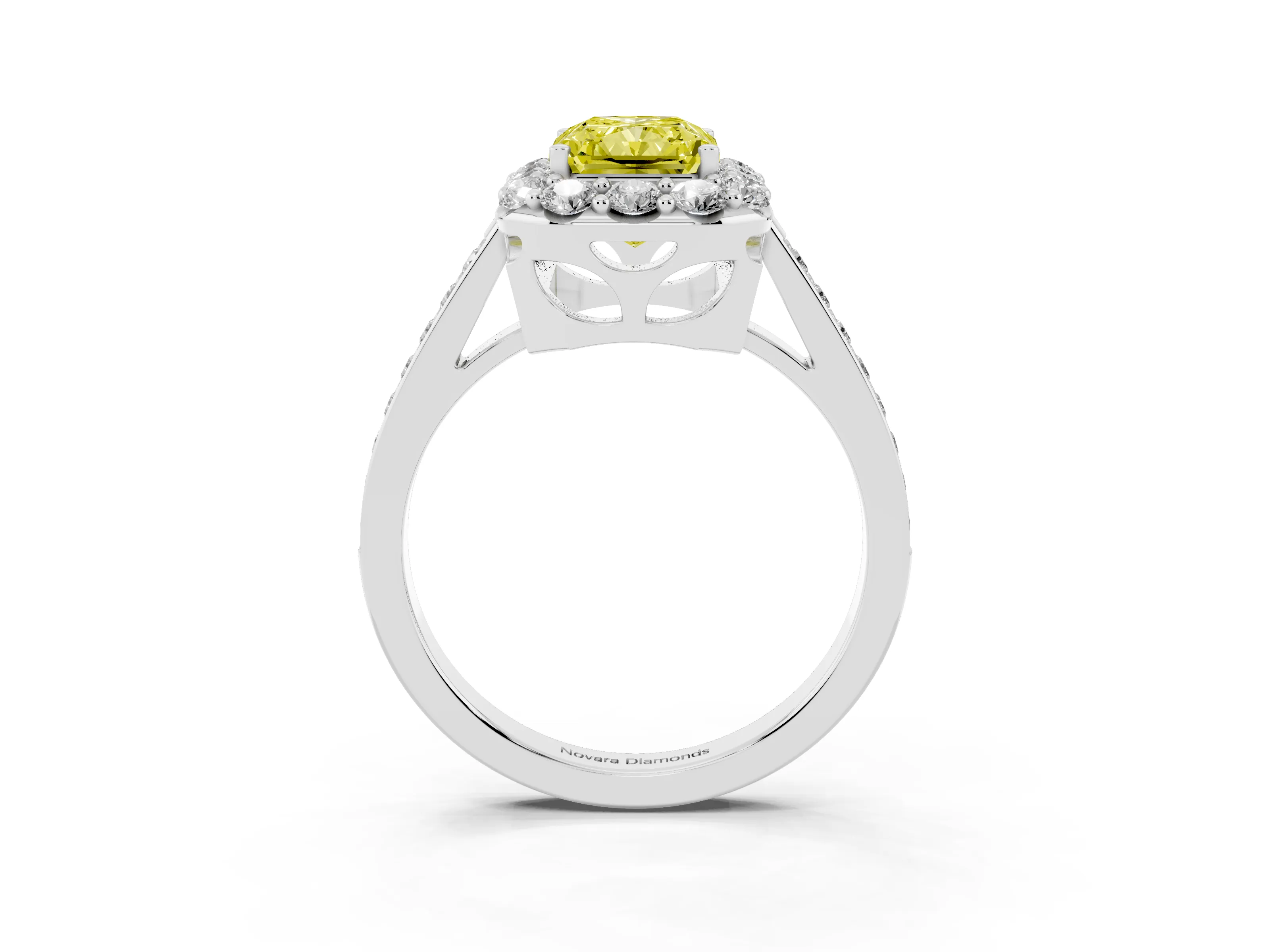 Fancy Yellow Radiant Cut Diamond Floral Halo Ring Set in Platinum with Pavé Band and Prong Setting