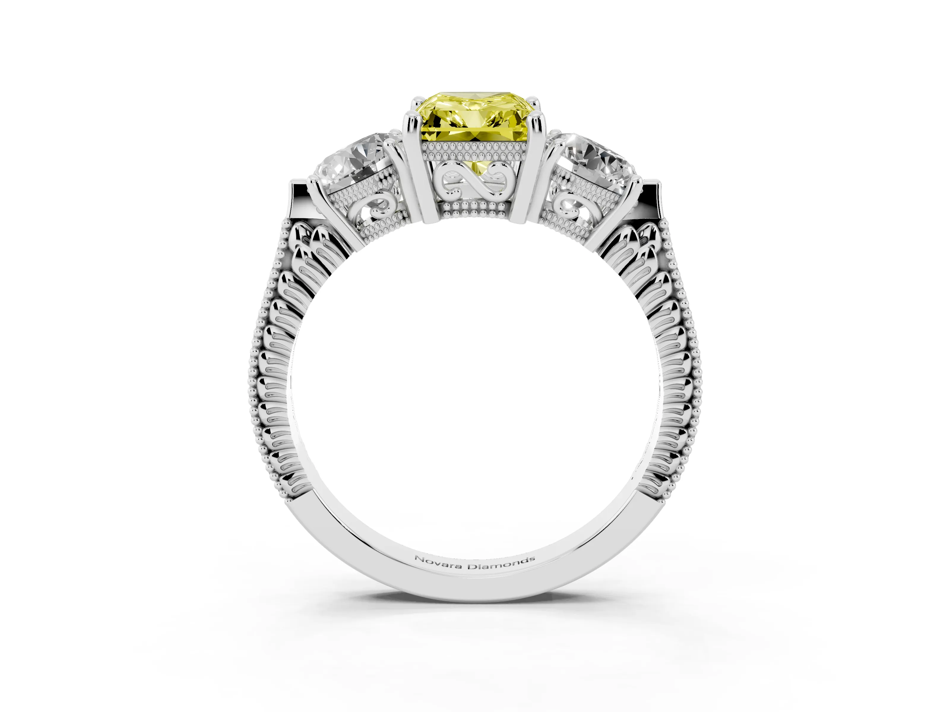 Fancy Yellow Radiant Cut Diamond Three-Stone Ring Set in Silver with Milgrain Band