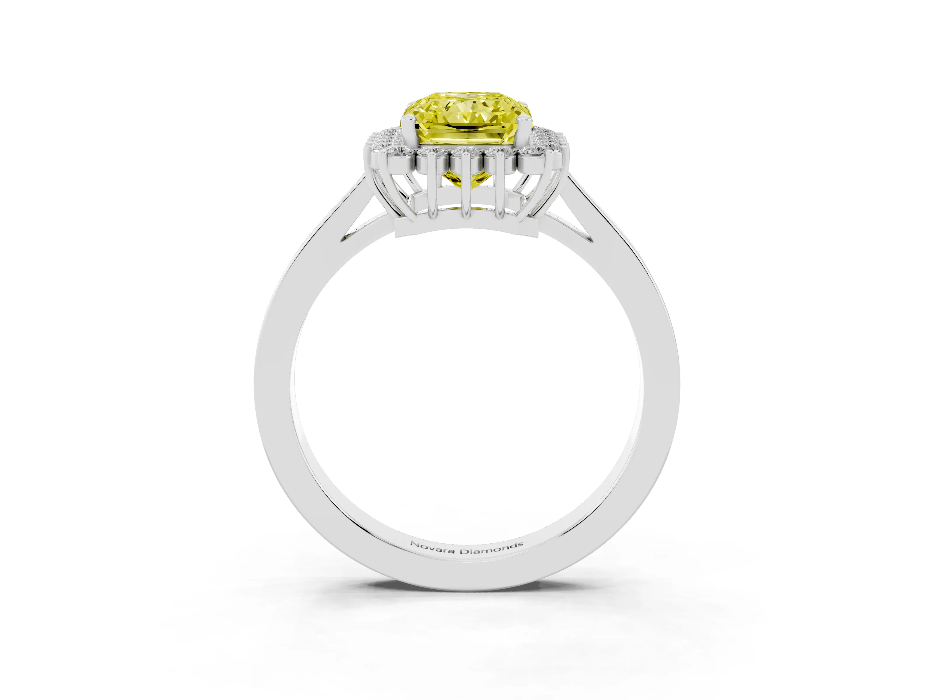 Fancy Yellow Radiant Cut Diamond Halo Ring Set in White gold with Round Halo and Smooth Solitaire Band