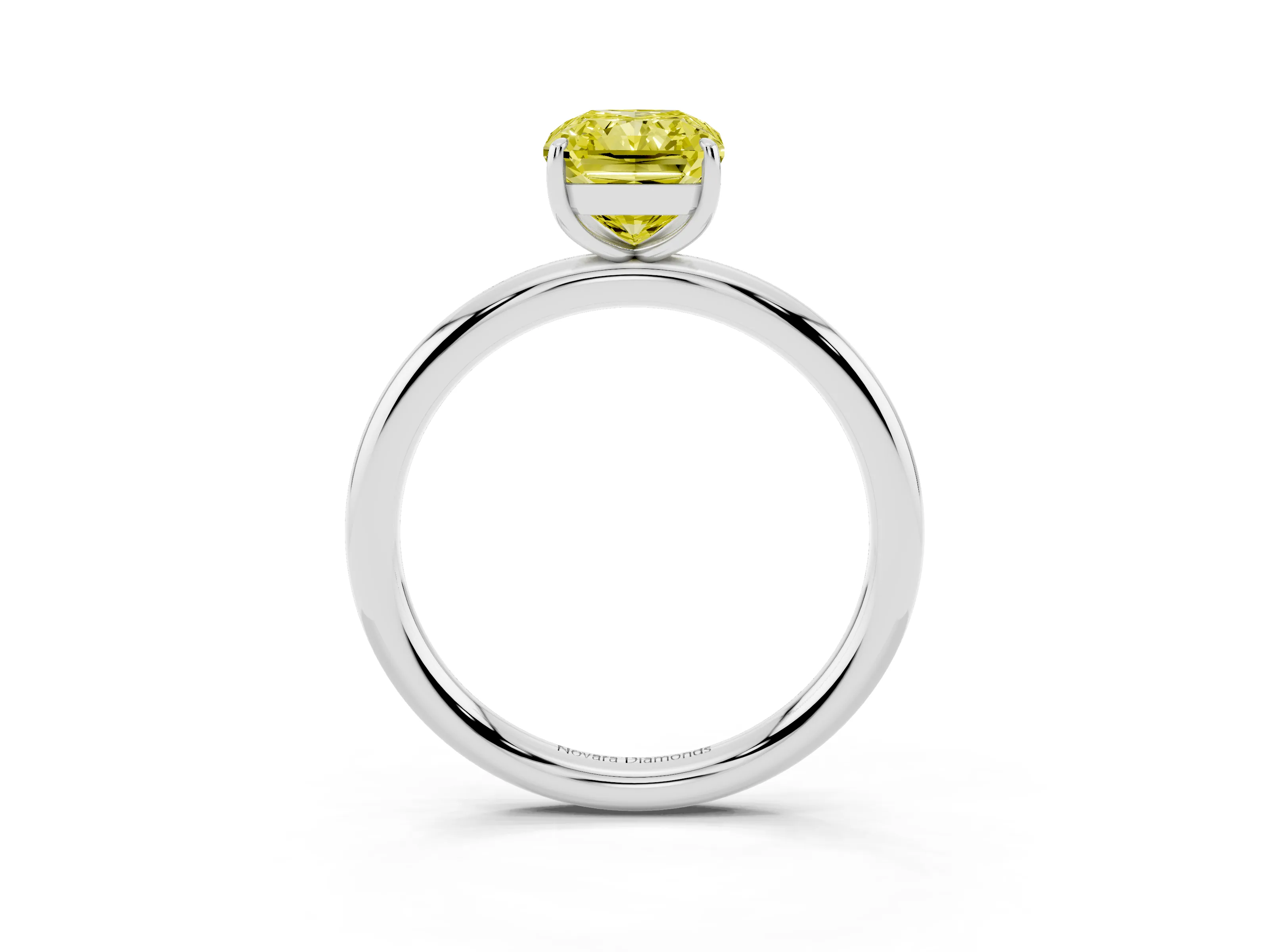 Fancy Yellow Radiant Cut Diamond Solitaire Ring Set in Platinum with Prong Setting on a Polished Plain Band