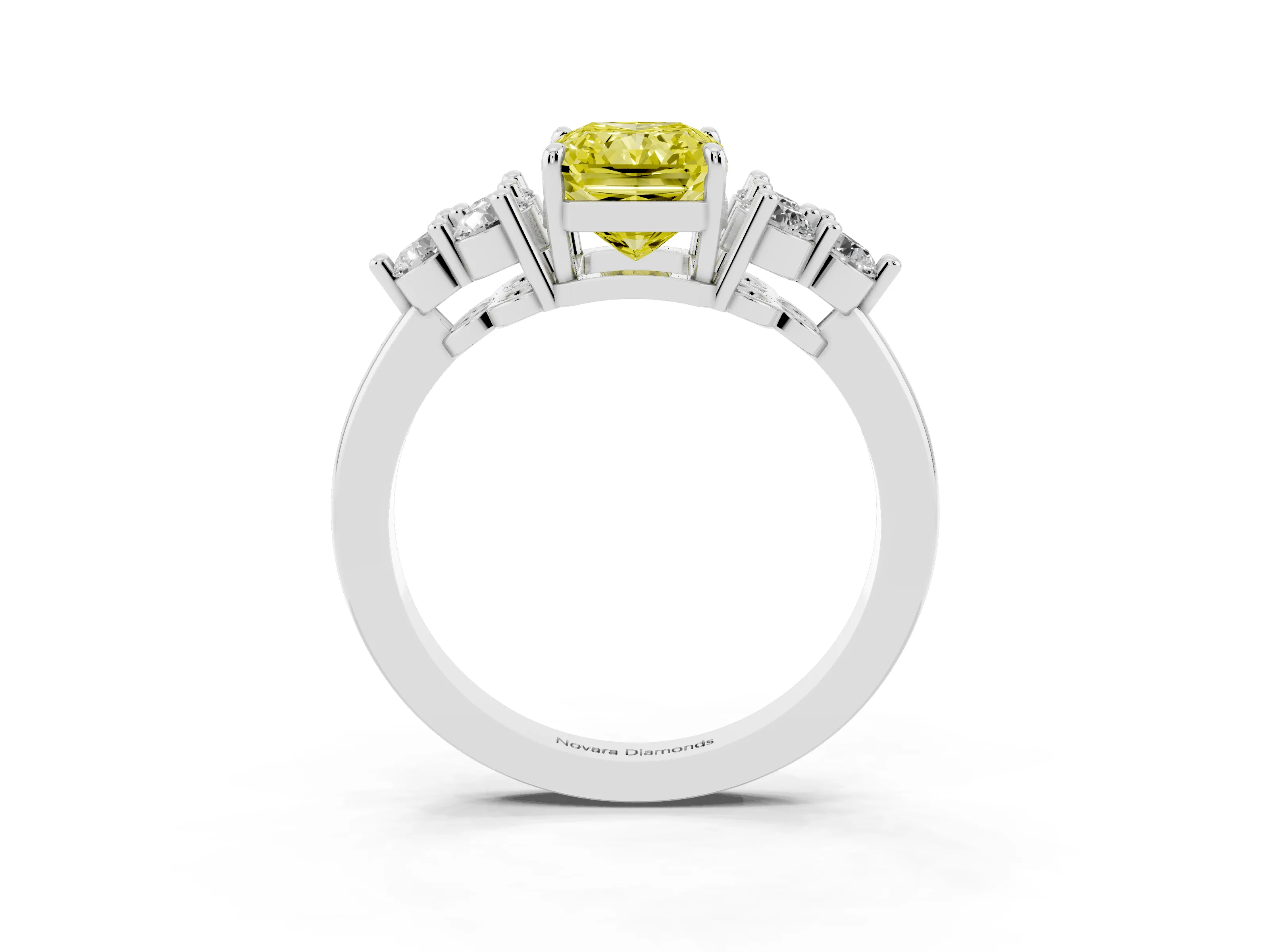 Fancy Yellow Radiant Cut Diamond Solitaire Ring Set in White gold with Cluster Accents on Each Side