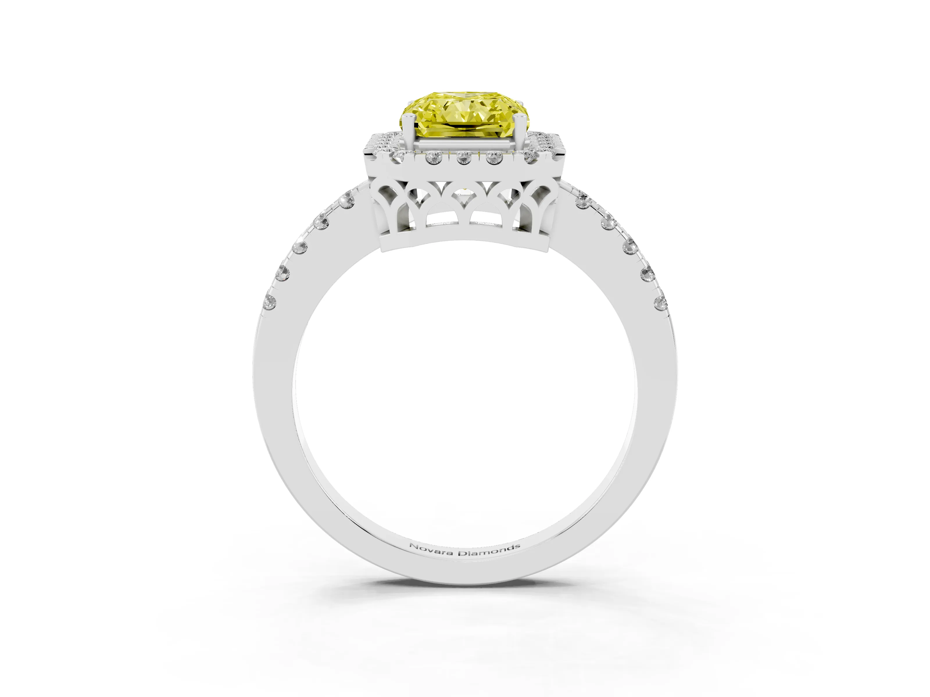 Fancy Yellow Radiant Cut Diamond Pavé Band Halo Engagement Ring Set in Platinum with Prong Setting