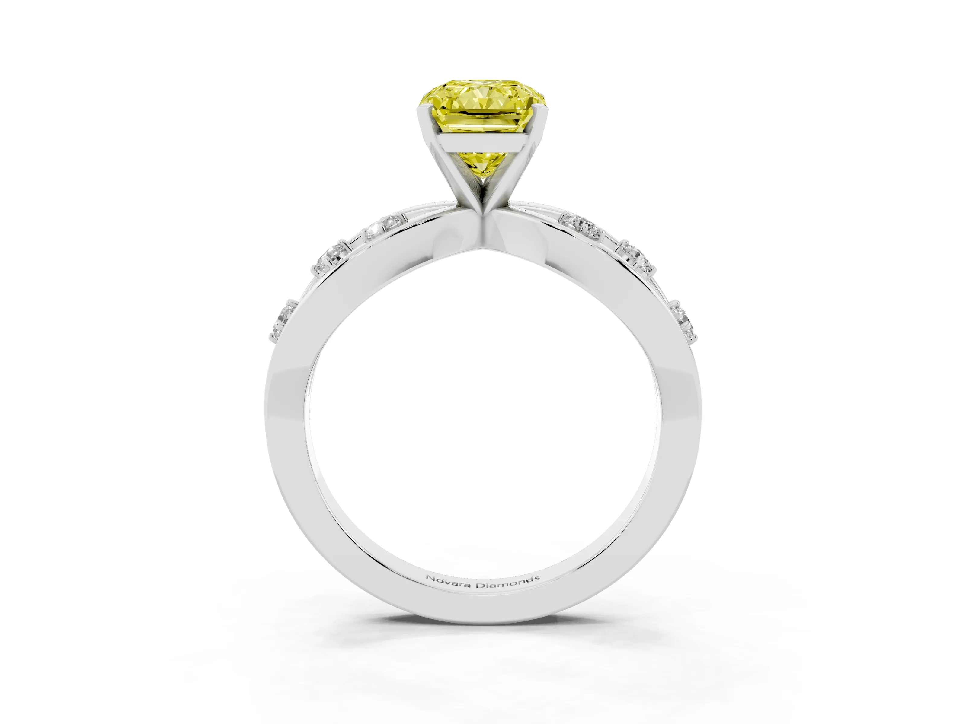 Fancy Yellow Radiant Cut Diamond Solitaire Ring Set in Platinum with Side Stones on Criss-Cross Band and Prong Setting
