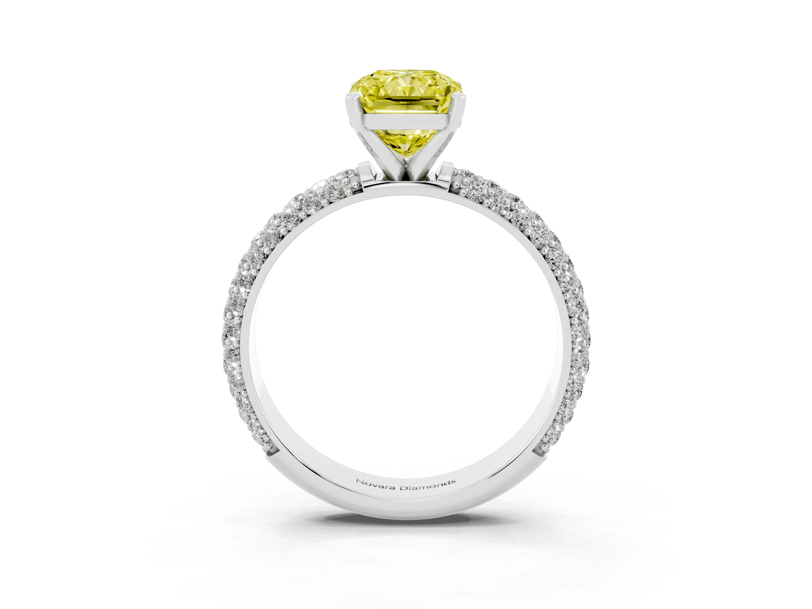 Fancy Yellow Radiant Cut Diamond Solitaire Ring Set in Silver with Prong Setting and Pavé-Set Band