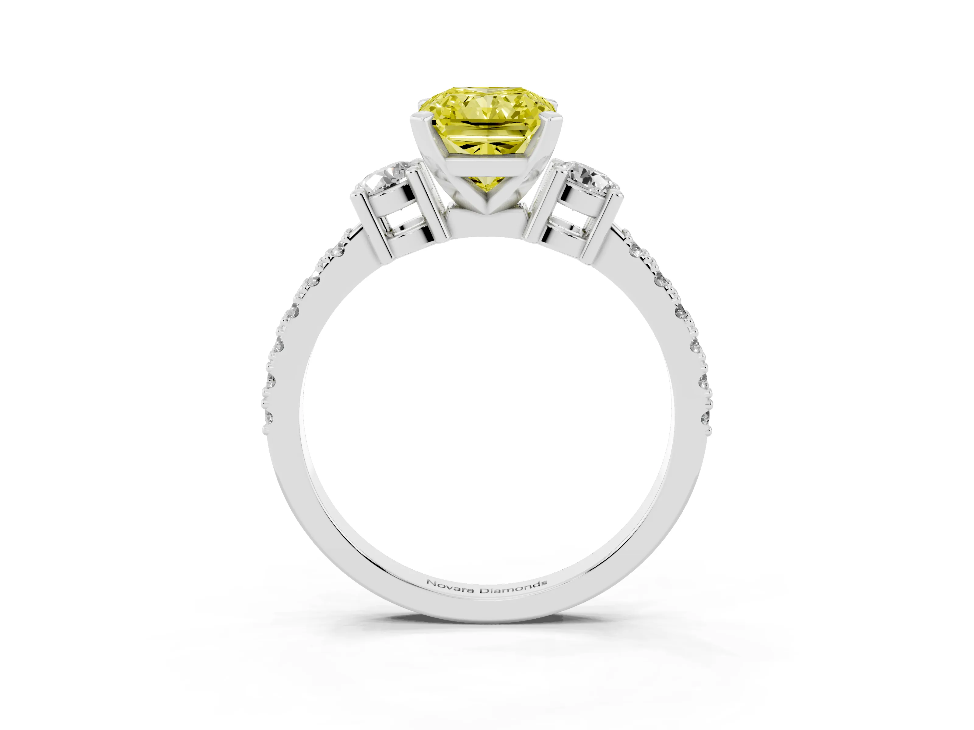 Fancy Yellow Three-Stone Radiant Cut Diamond Pavé Band Ring Set in Platinum with Prong Setting