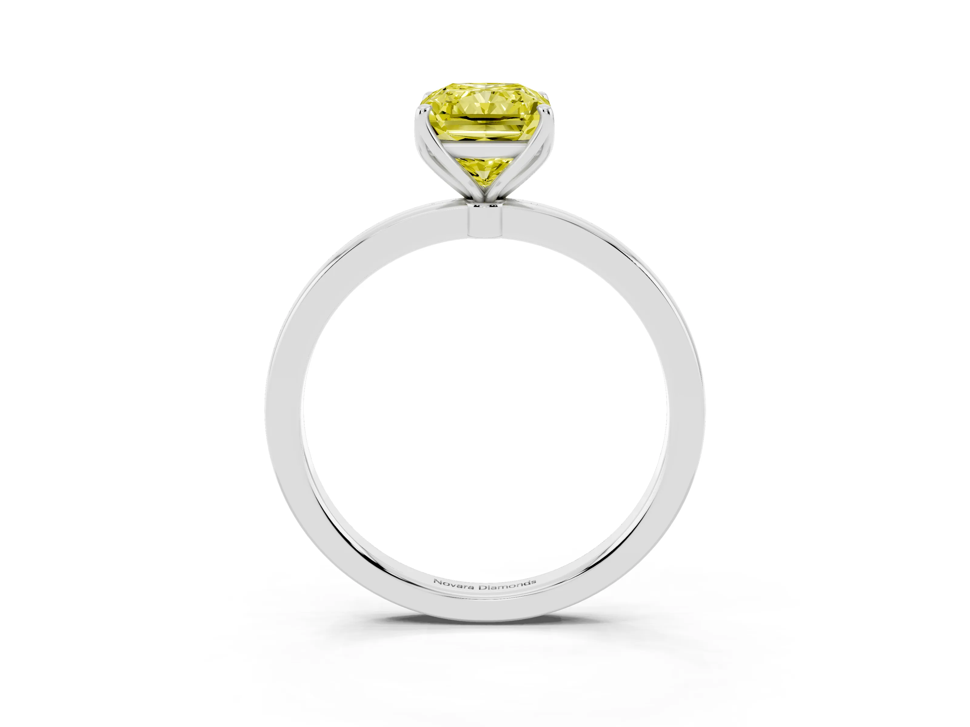 Fancy Yellow Radiant Cut Diamond Solitaire Ring Set in White gold with Prong Setting and Thin Polished Band