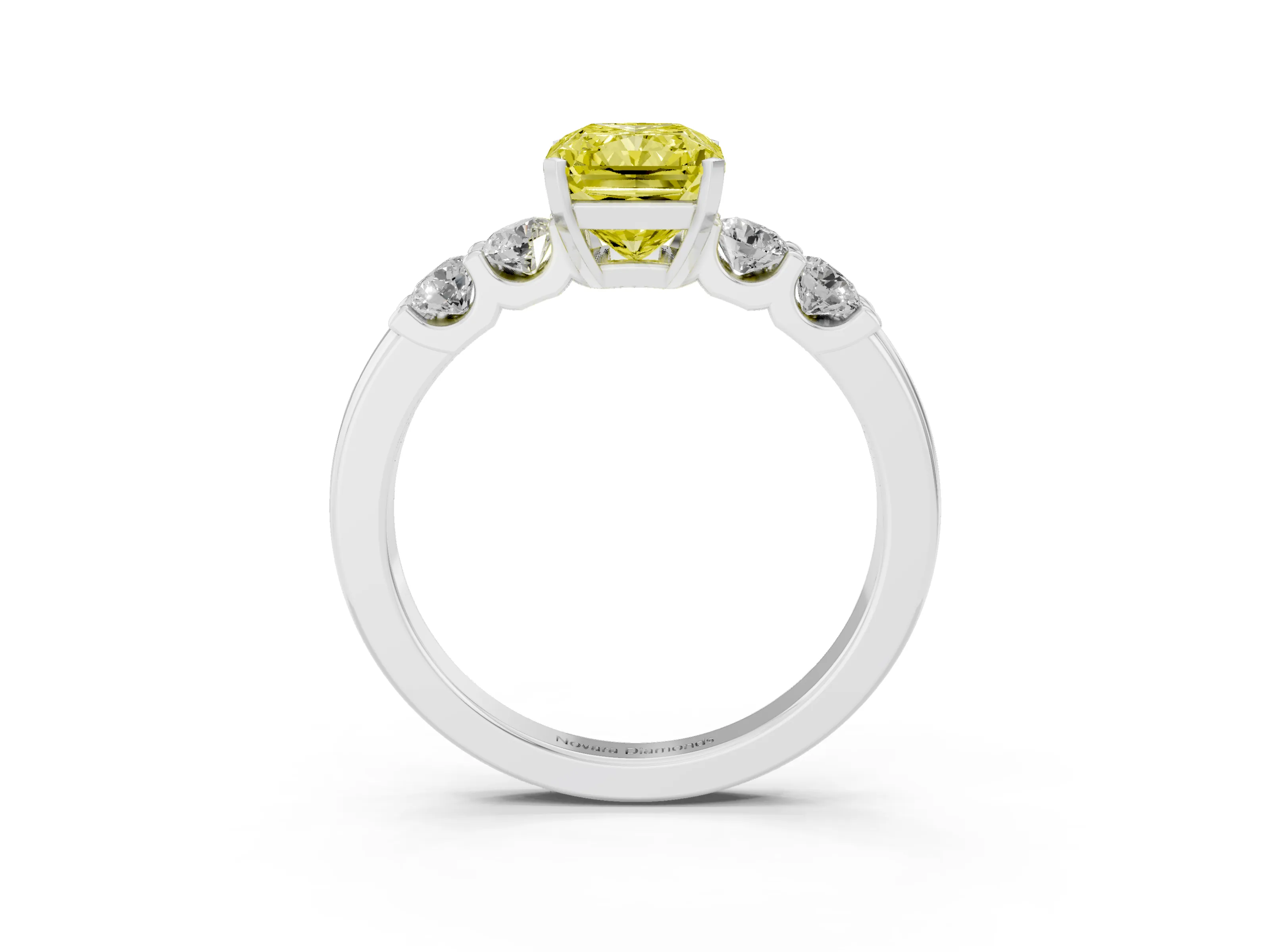 Fancy Yellow Radiant Cut Diamond Five-Stone Prong Set Engagement Ring Set in White gold with Channel Band