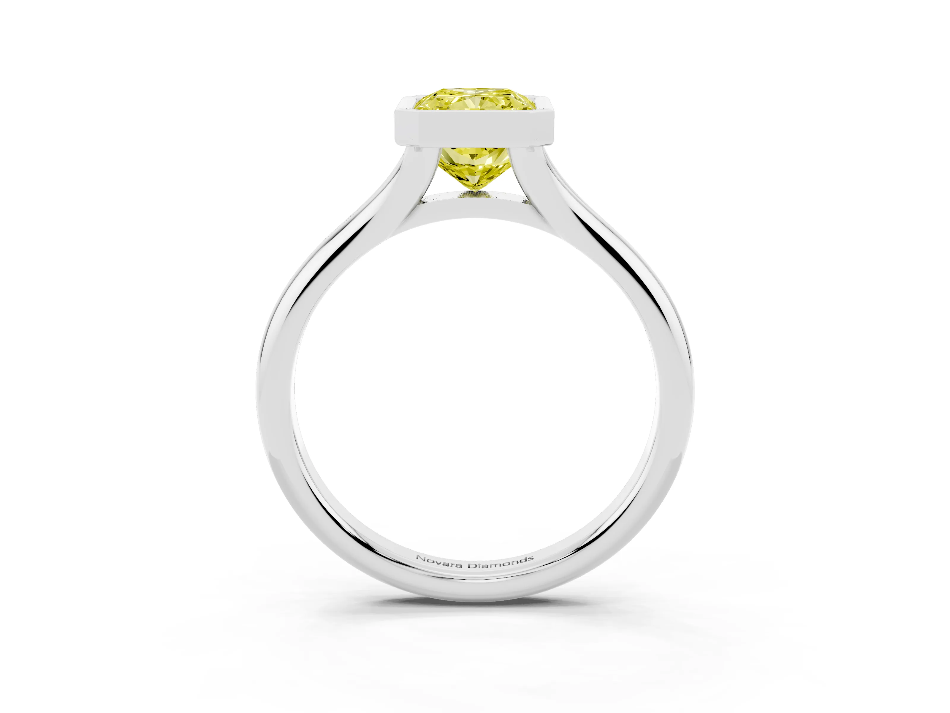 Fancy Yellow Bezel Set Radiant Cut Diamond Solitaire Ring Set in White gold with Smooth Band