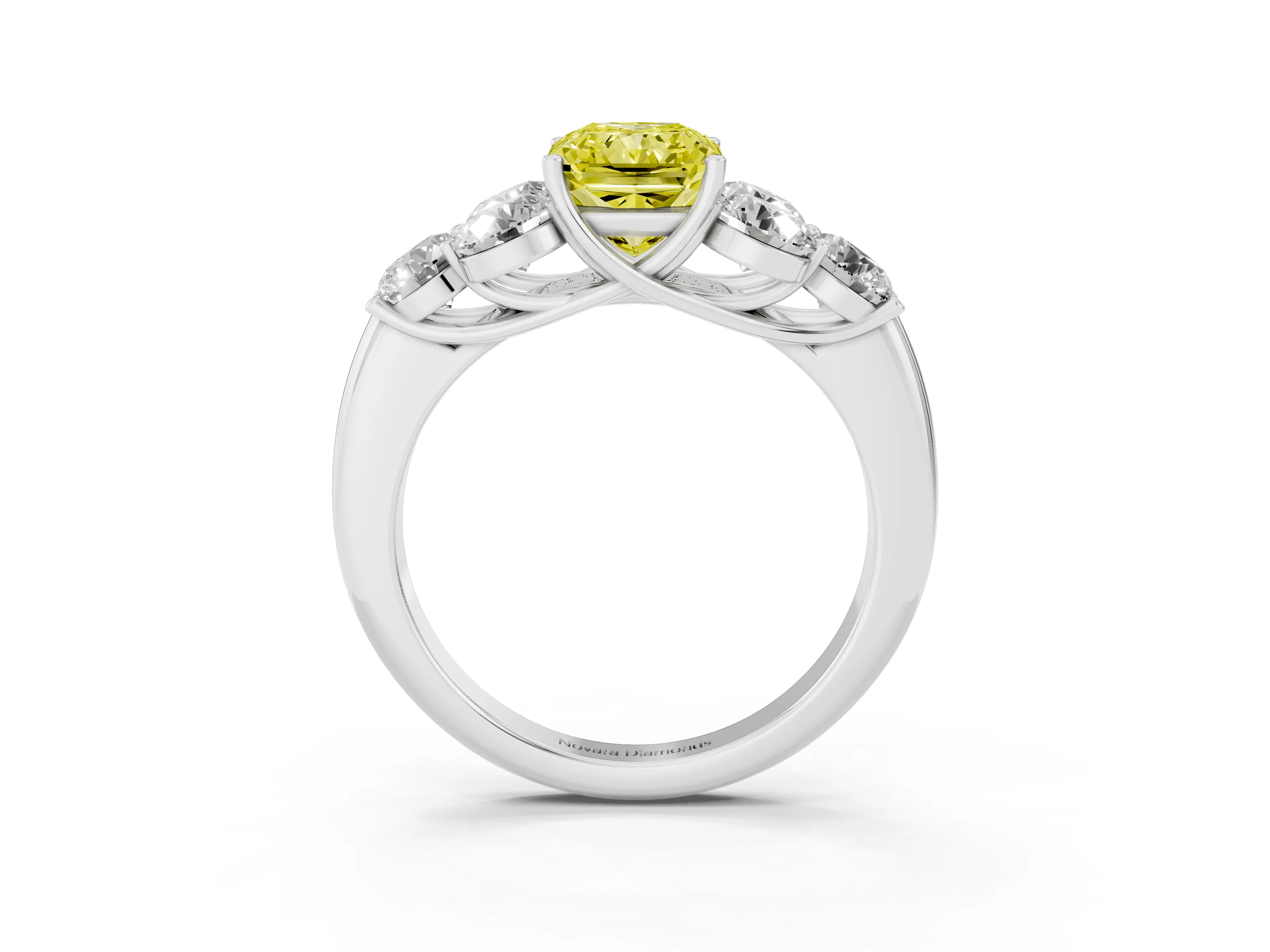 Fancy Yellow Radiant Cut Diamond Cluster Ring Set in Silver with Round Accent Stones and Prong Setting on a Plain Band