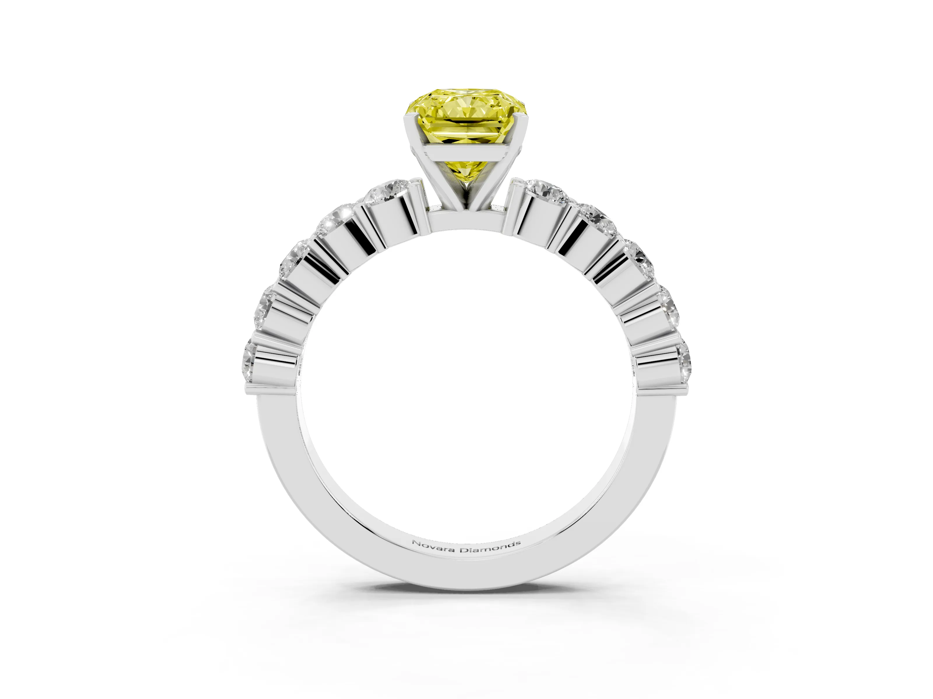Fancy Yellow Radiant Cut Diamond Solitaire Ring Set in Platinum with Shared Prong Round Side Stones