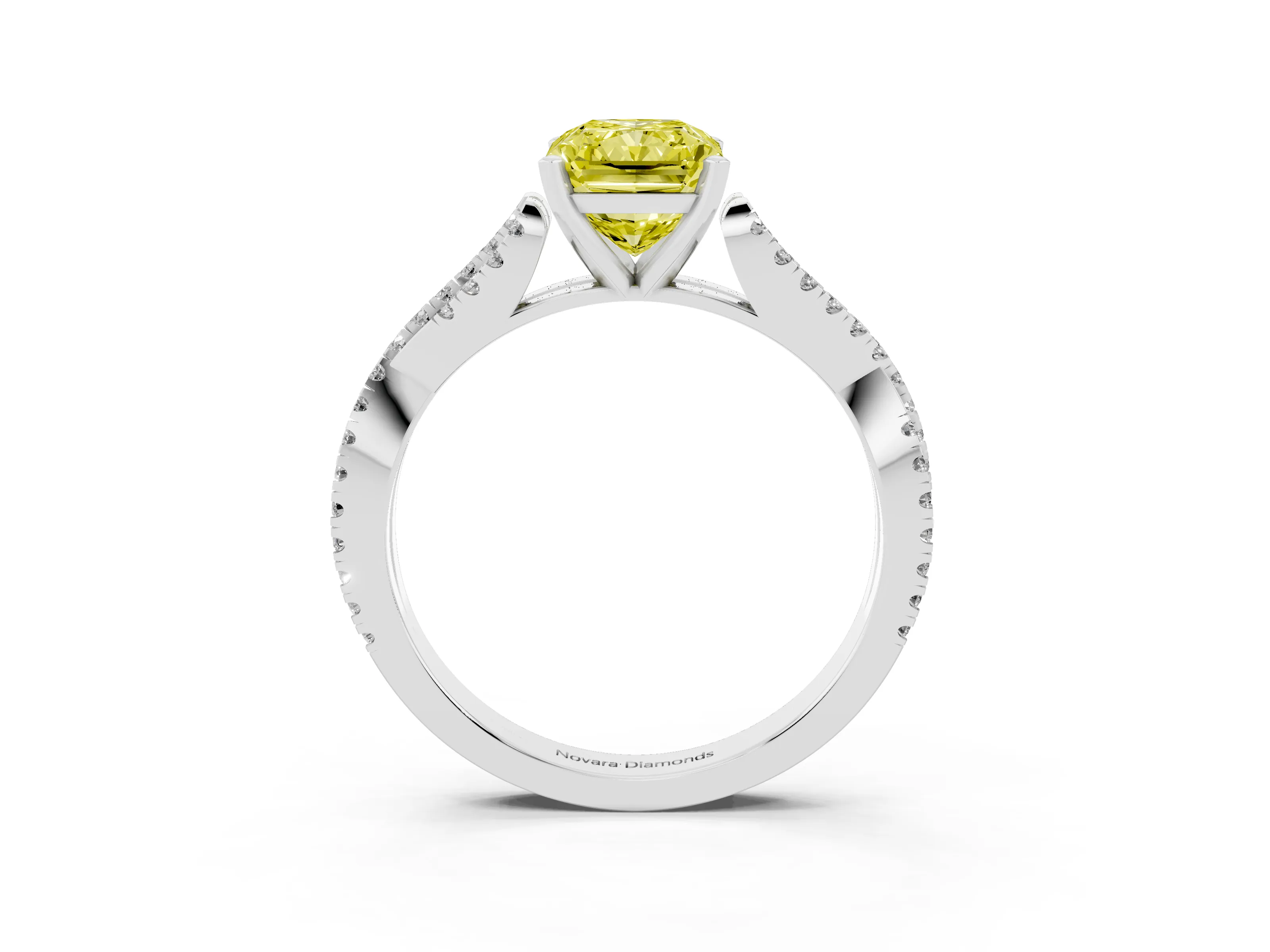 Fancy Yellow Radiant Cut Diamond Solitaire Engagement Ring Set in Platinum with Twisted Pavé Band and Prong Setting