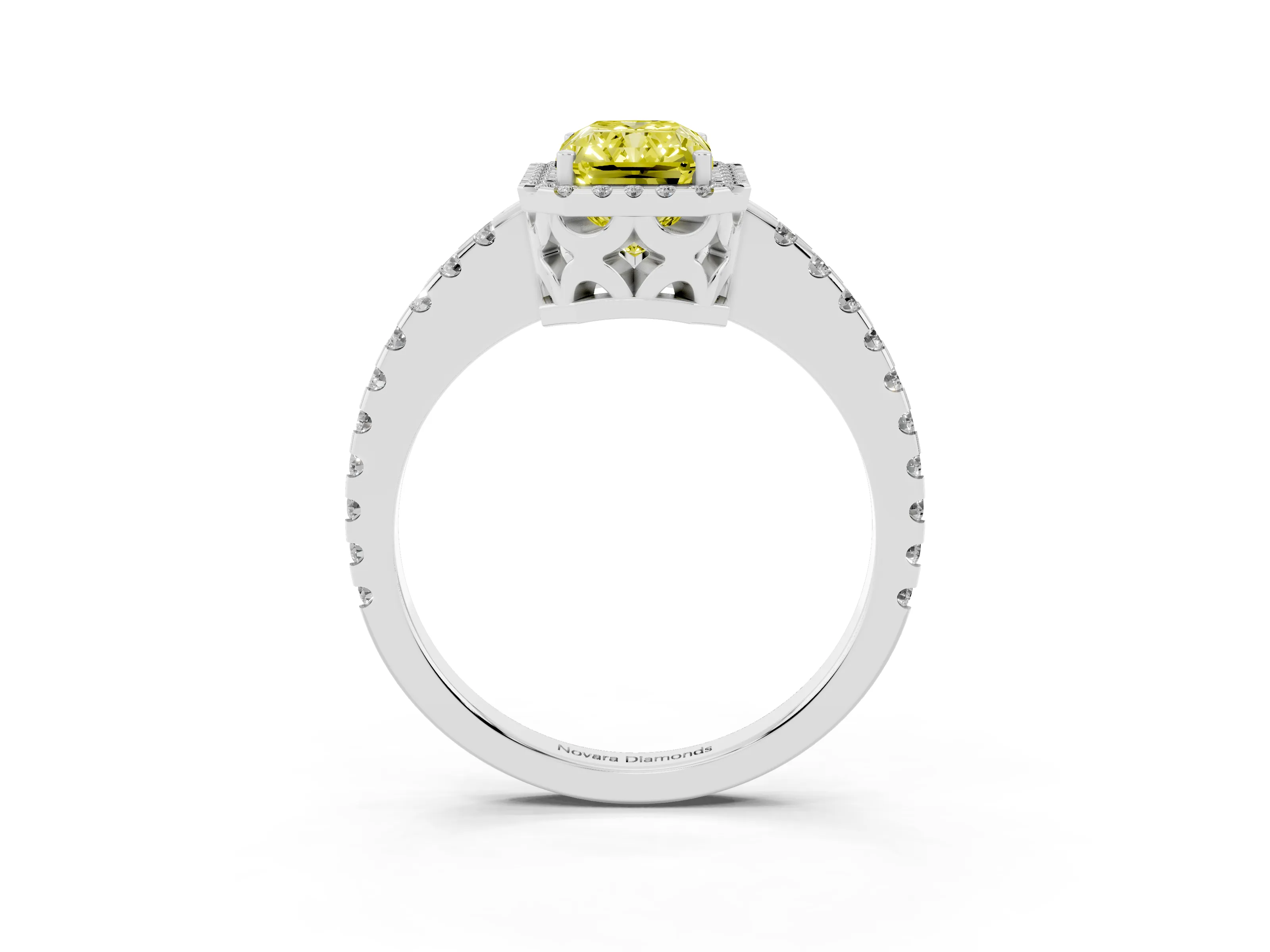Fancy Yellow Radiant Cut Diamond Halo Ring Set in Platinum with Pavé Shoulders and Halo-Framed Center