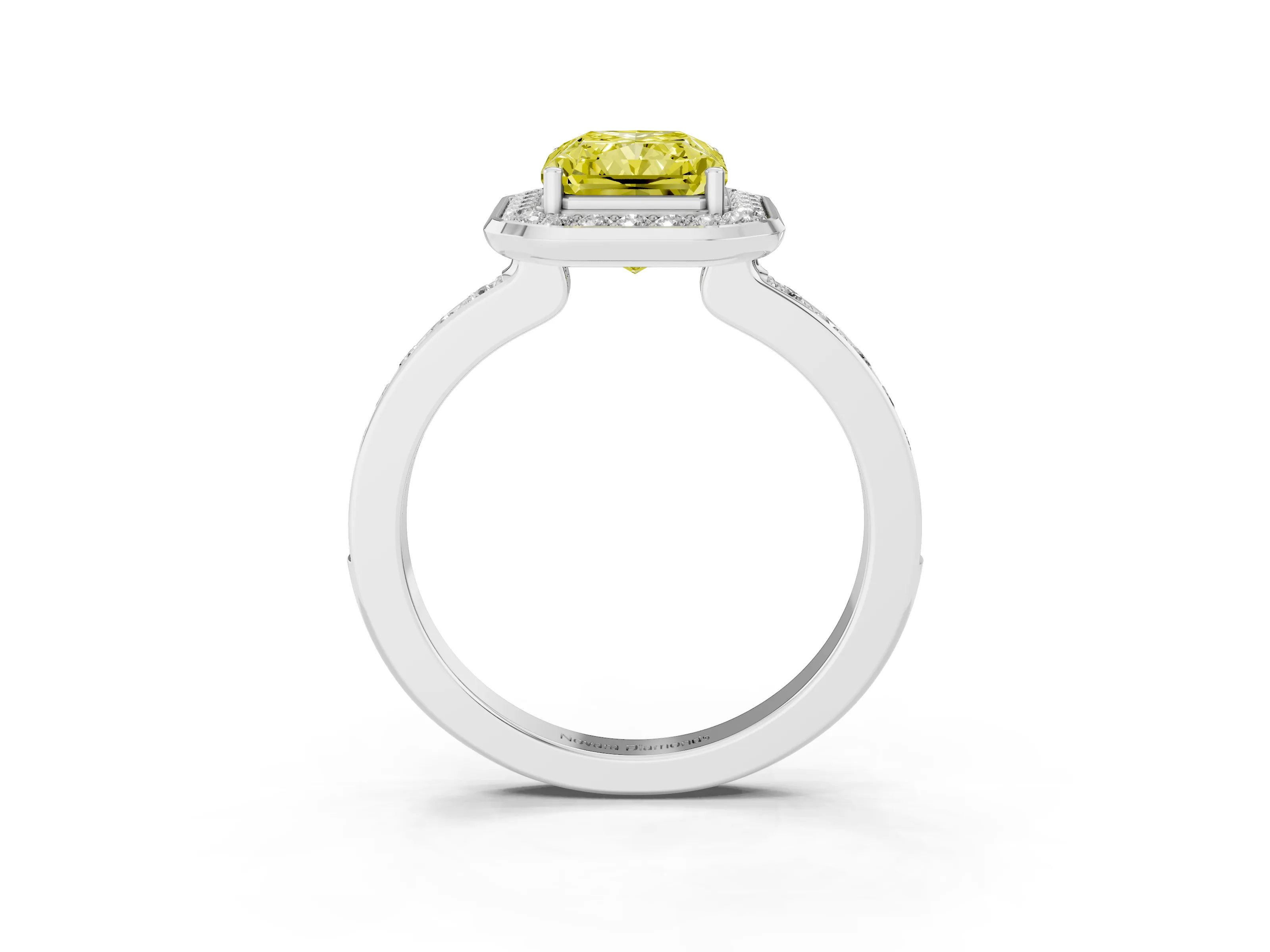 Fancy Yellow Radiant Cut Diamond Halo Ring Set in Silver with Bezel Frame and Pavé Band
