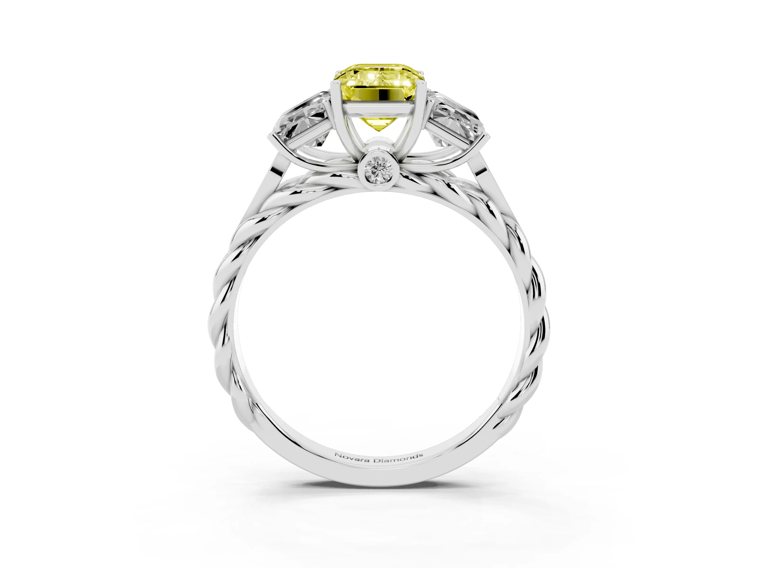 Fancy Yellow Radiant Cut Diamond Three-Stone Ring Set in Platinum with Braided Band