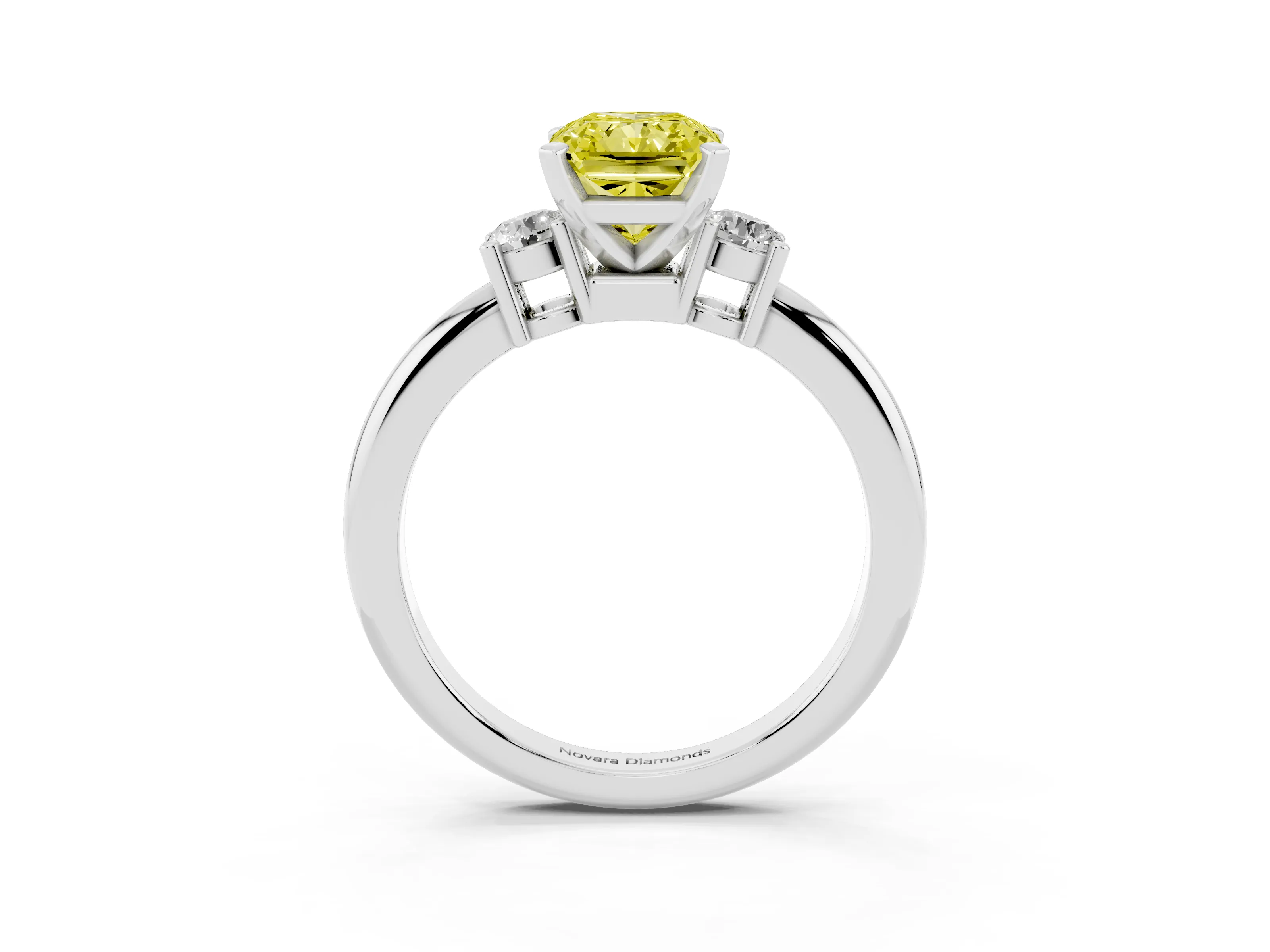Fancy Yellow Three-Stone Radiant Cut Diamond Ring Set in White gold with Prong Setting and Plain Band