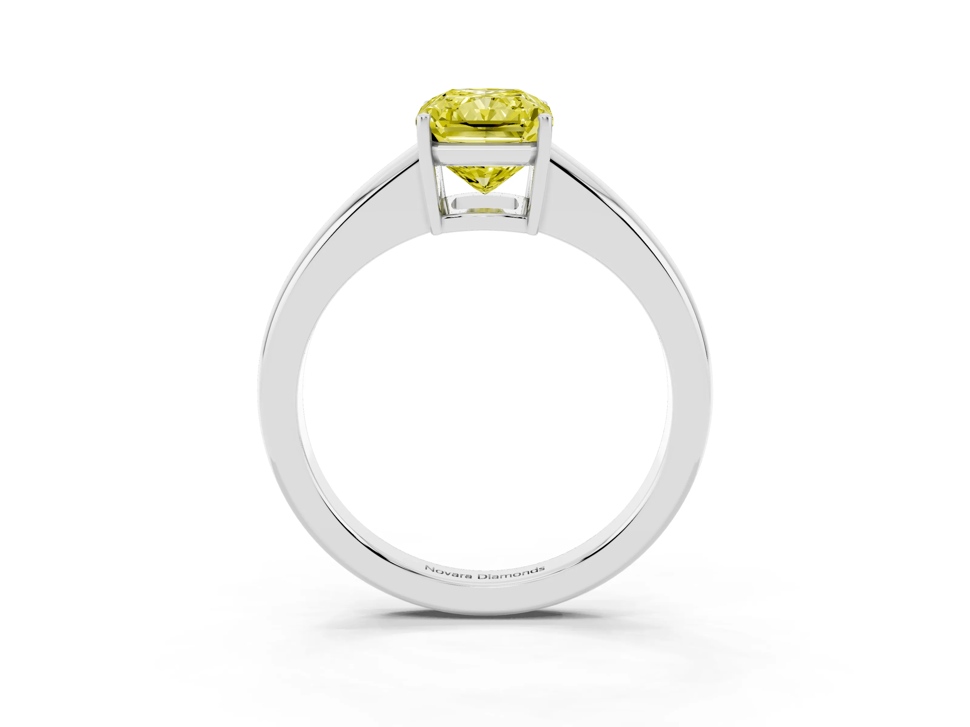 Fancy Yellow Radiant Cut Diamond Solitaire Ring Set in White gold with Tapered Band and Prong Setting