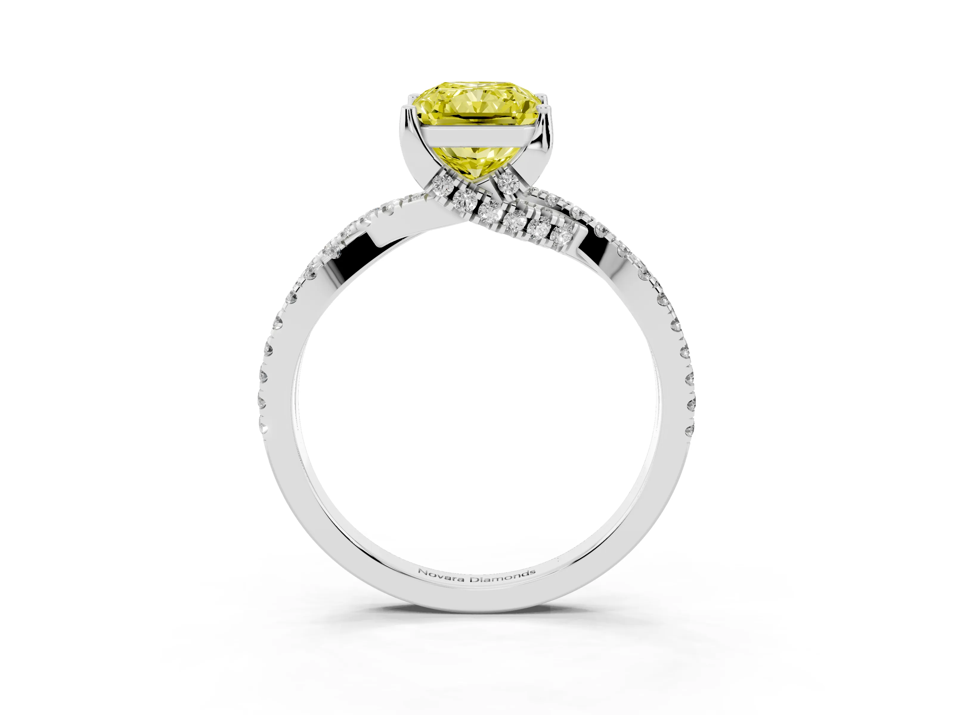 Fancy Yellow Radiant Cut Diamond Twist Pavé Solitaire Engagement Ring Set in Silver with Prong Setting