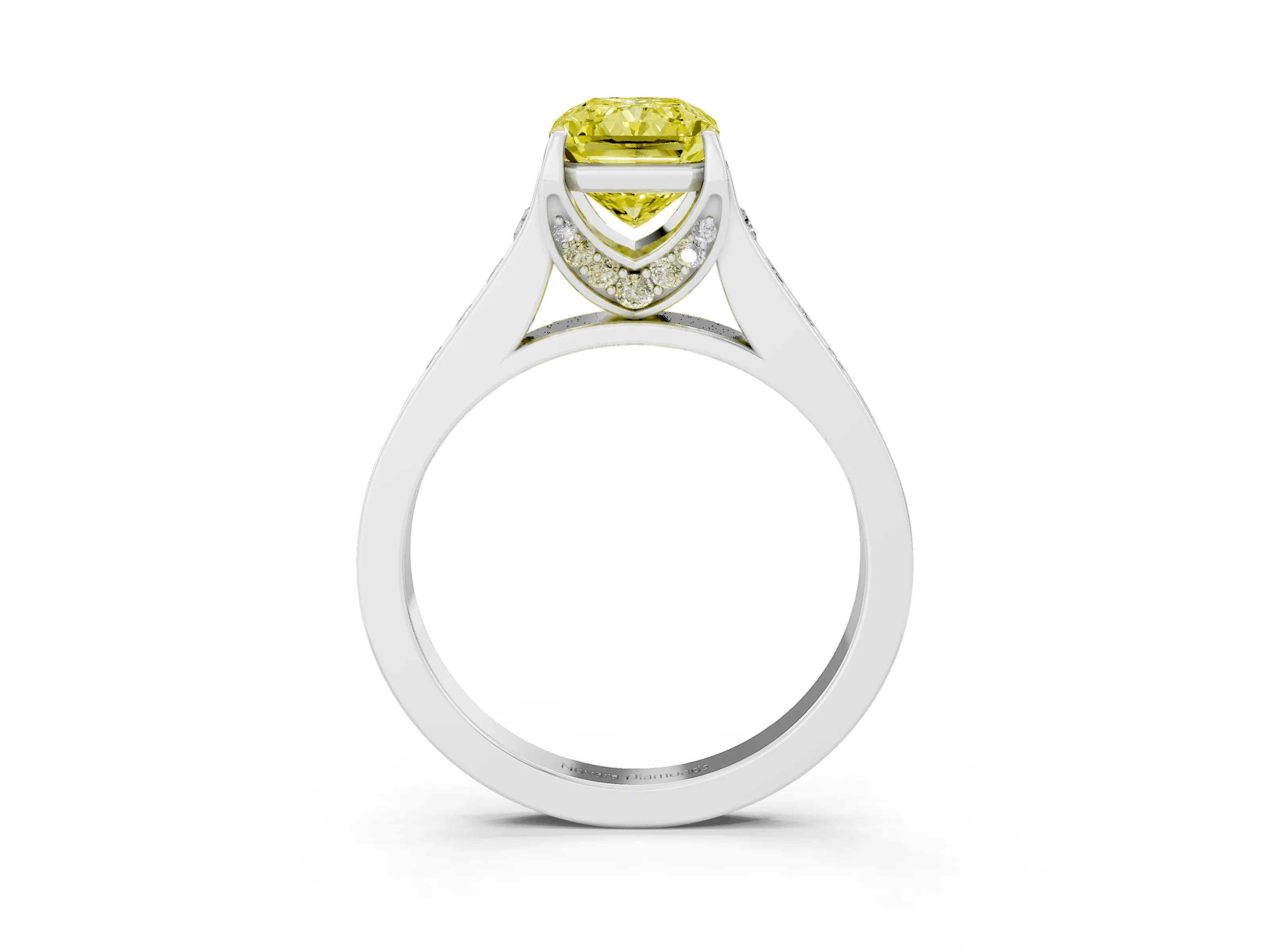 Fancy Yellow Radiant Cut Diamond Solitaire Pavé Engagement Ring Set in Platinum with Prong Setting