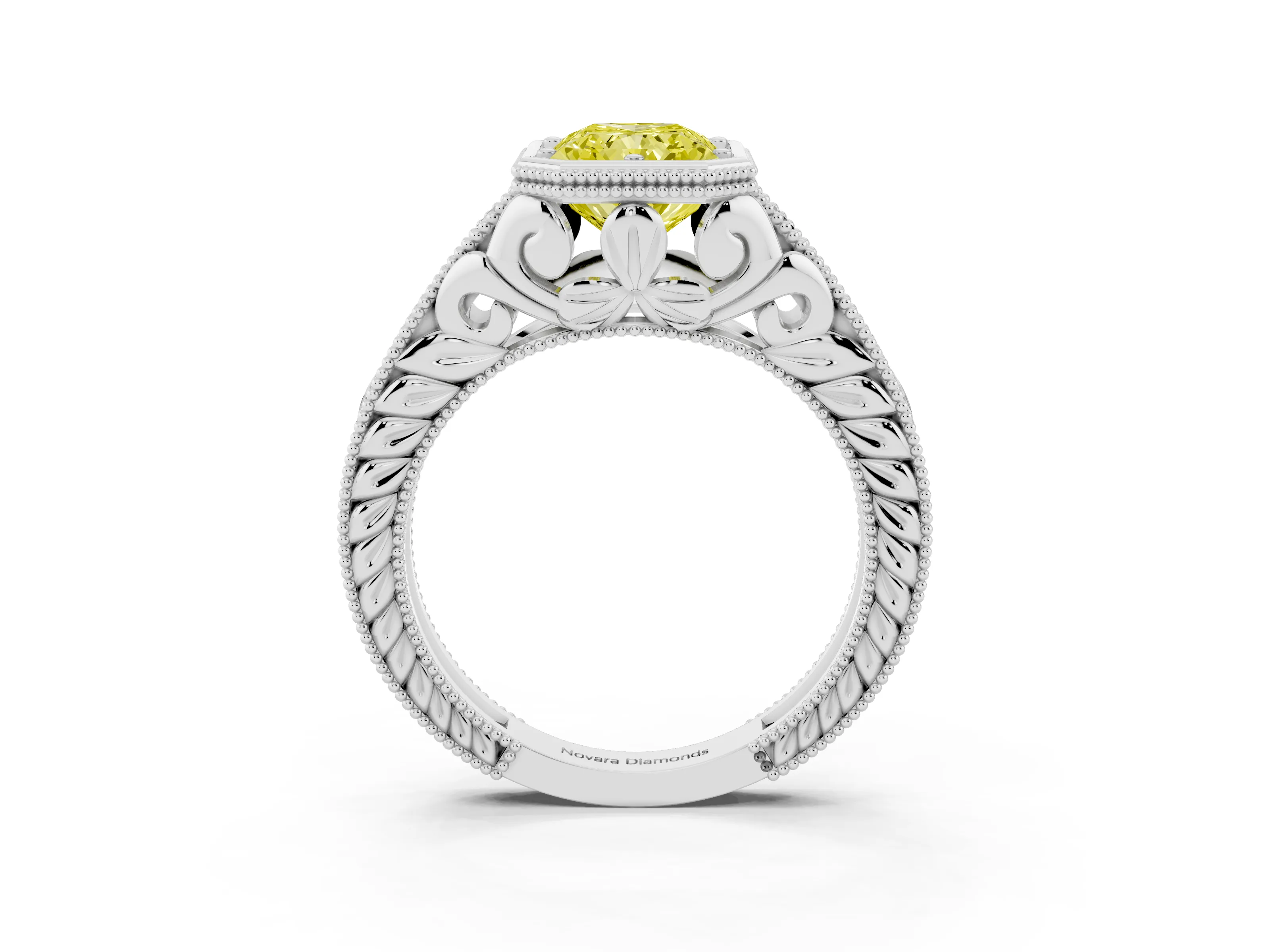 Fancy Yellow Bezel Set Radiant Cut Diamond Milgrain Pavé Engagement Ring Set in Silver
