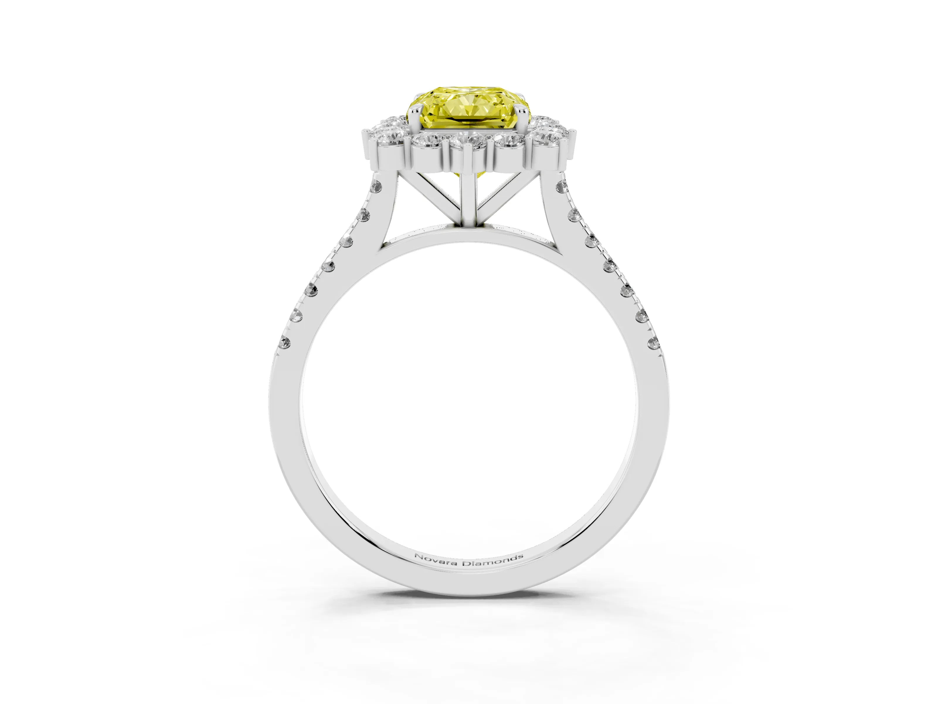Fancy Yellow Radiant Cut Diamond Halo Ring Set in Platinum with Pavé Band and Prong Setting