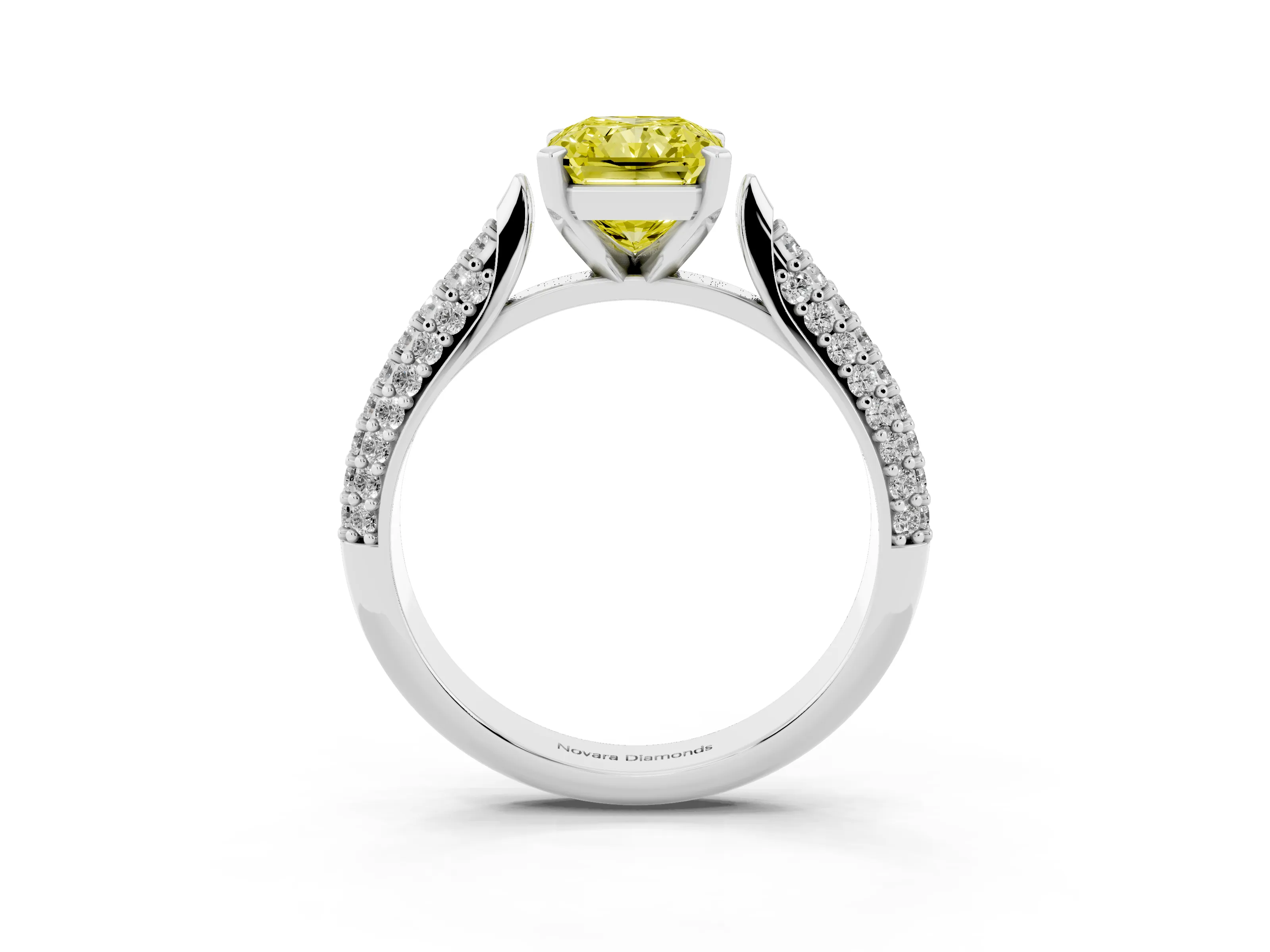 Fancy Yellow Radiant Cut Diamond Solitaire Engagement Ring Set in Platinum with Multi-Row Round Pavé Band and Prong Setting