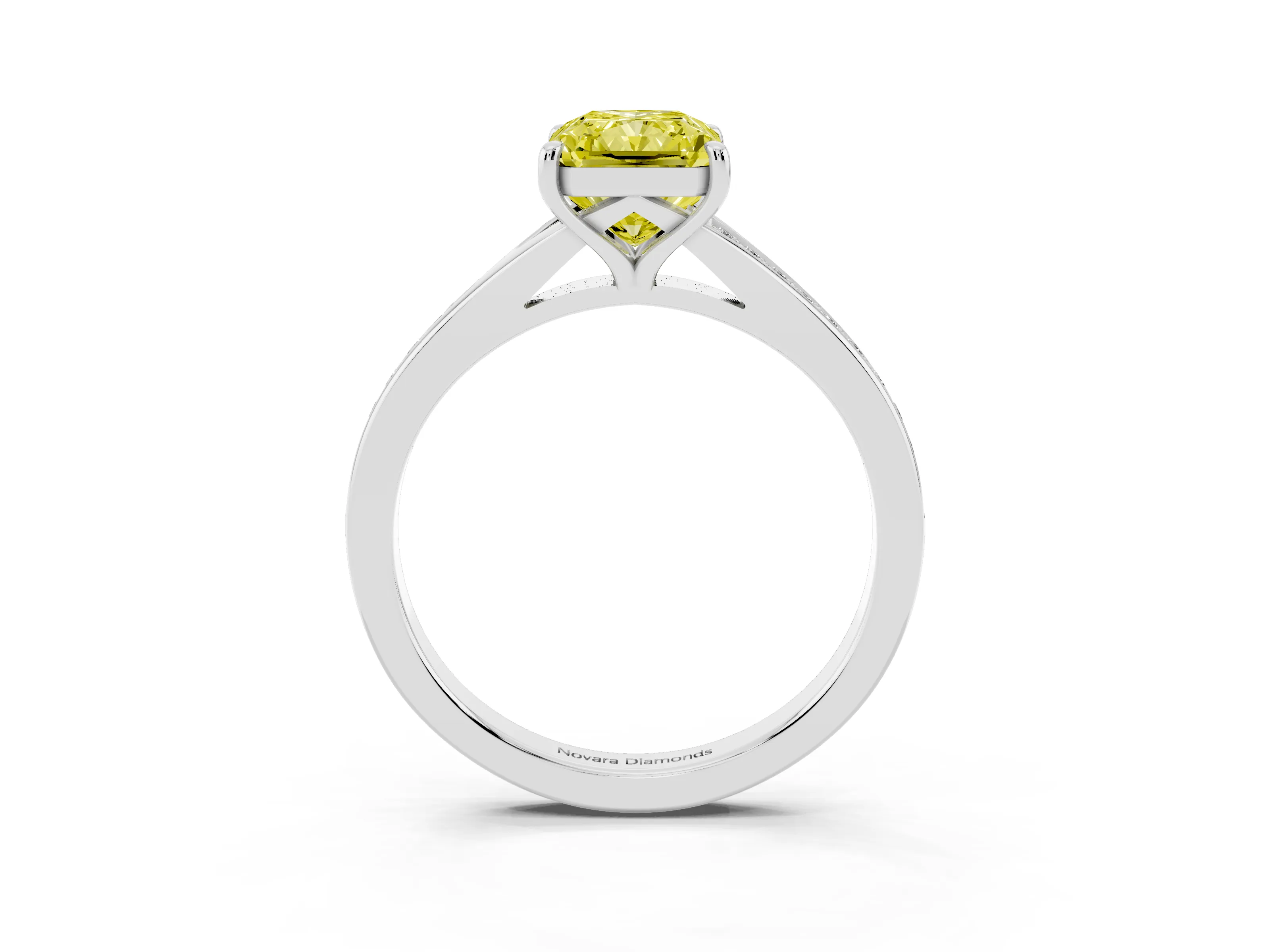 Fancy Yellow Radiant Cut Diamond Solitaire Ring Set in Platinum with Pavé Accent Band and Classic Prong Setting
