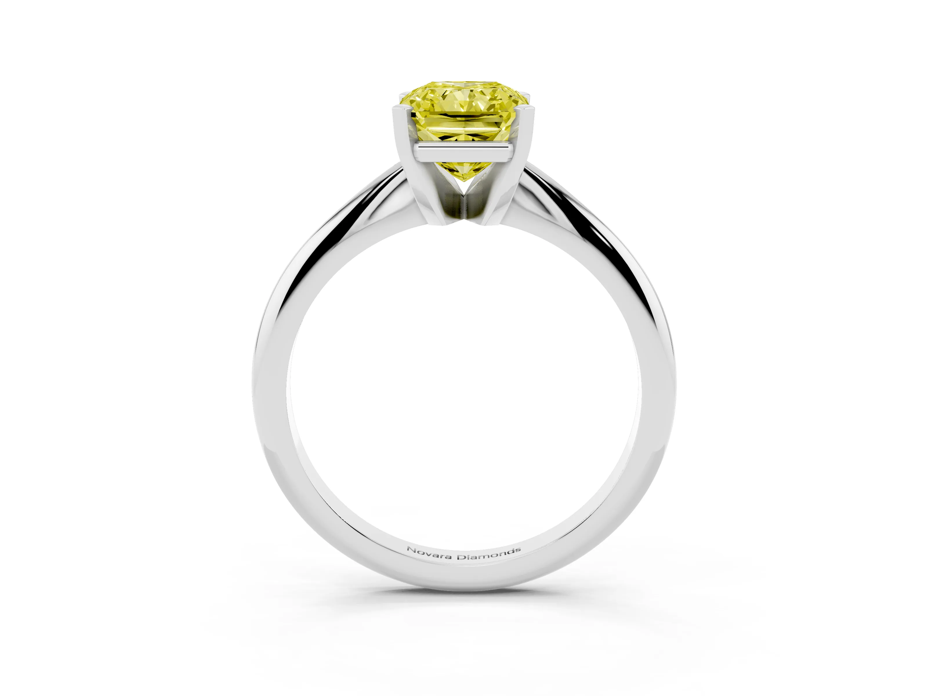 Fancy Yellow Radiant Cut Diamond Solitaire Ring Set in White gold with Prong Setting on a Plain Round Band