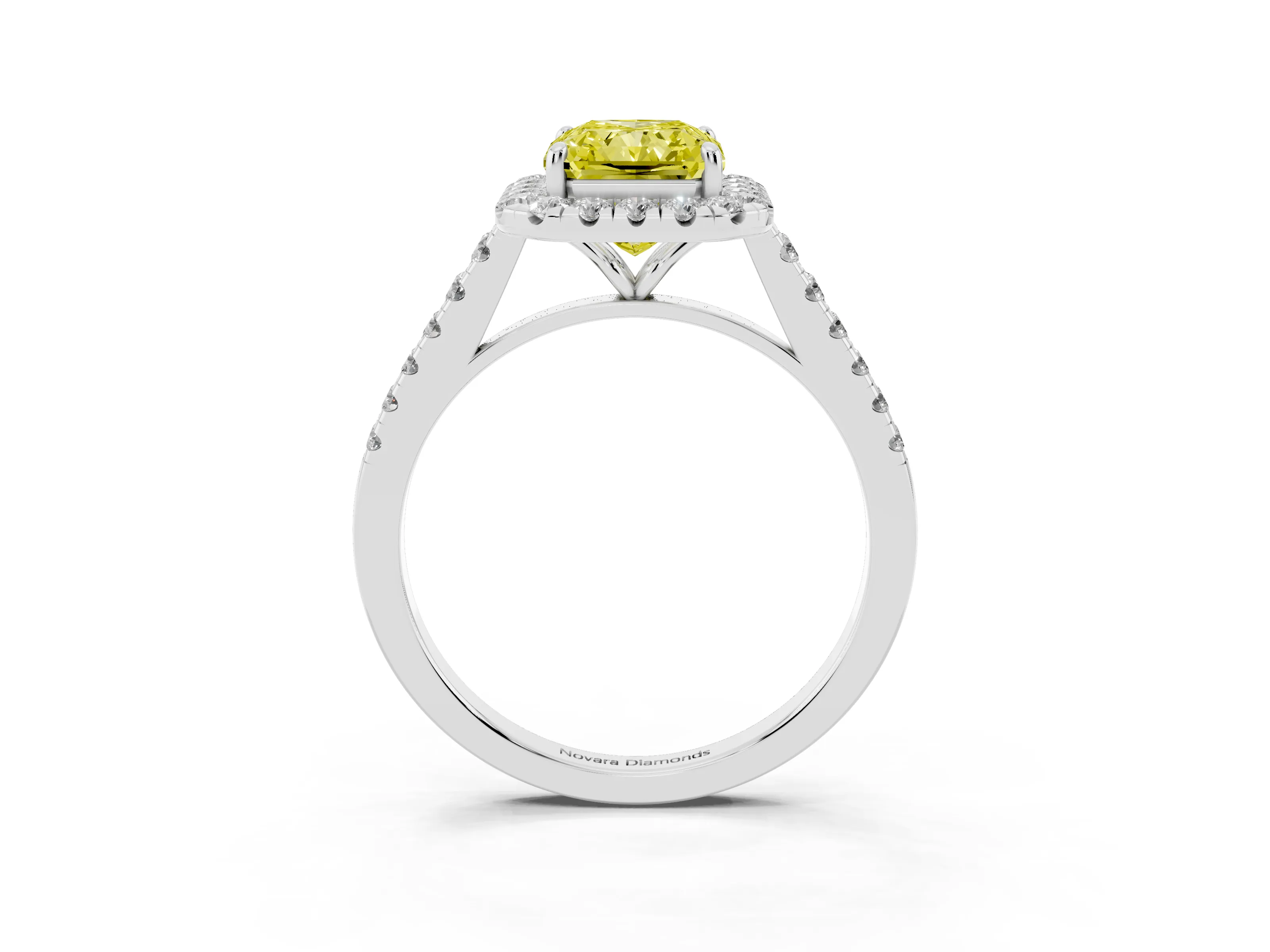 Fancy Yellow Radiant Cut Diamond Halo Pavé Engagement Ring Set in Silver with Prong Setting