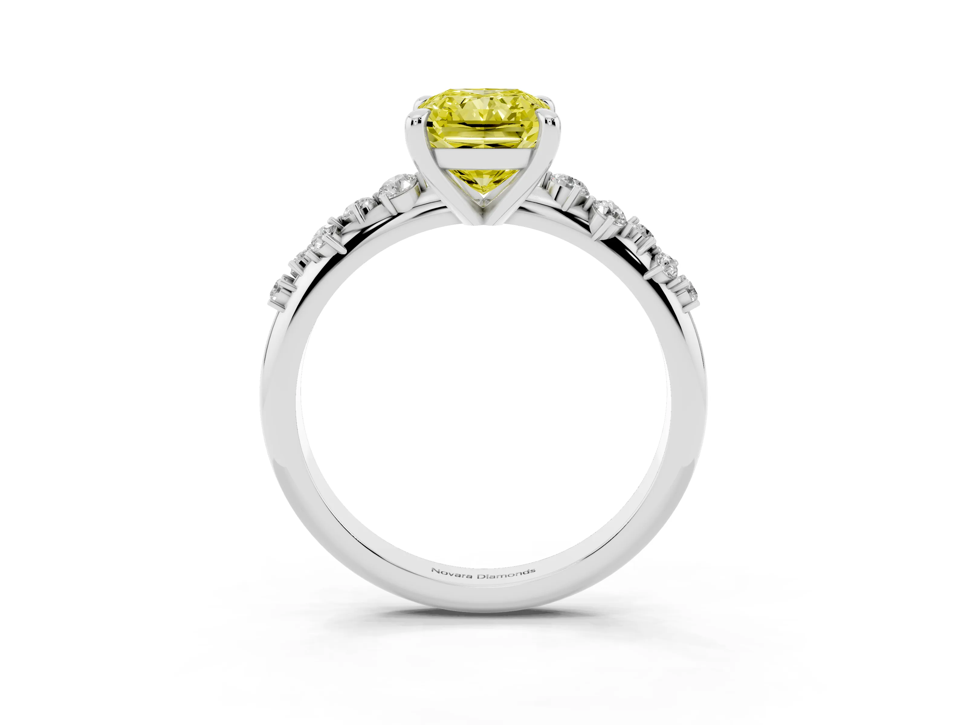 Fancy Yellow Radiant Cut Diamond Solitaire Vine Band Ring Set in Silver with Round Accents and Prong Setting