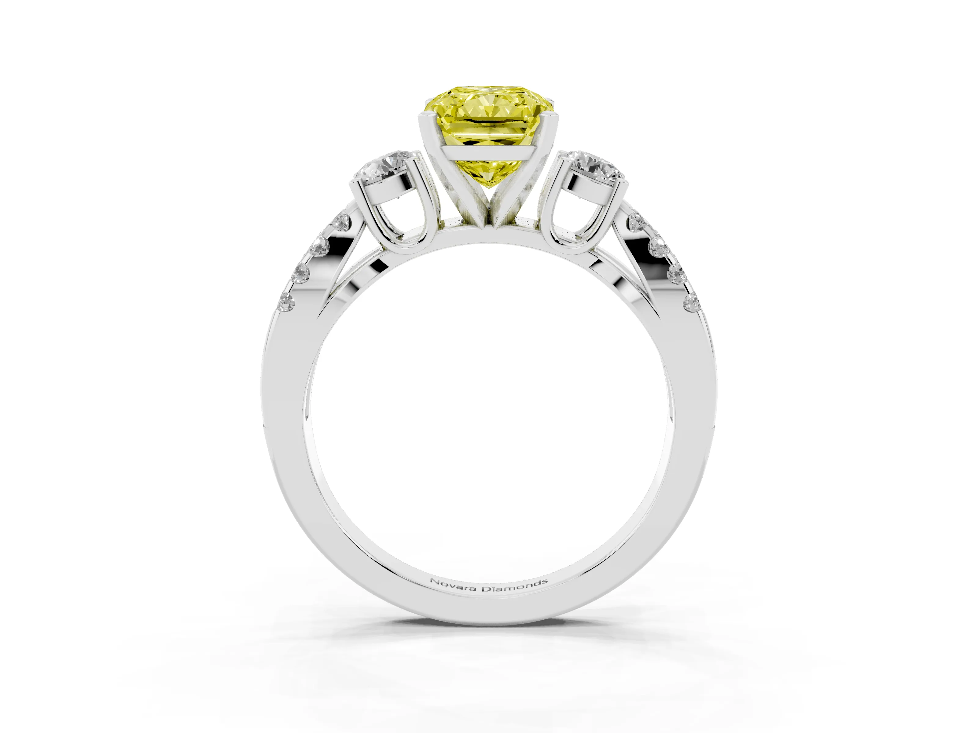 Fancy Yellow Radiant Cut Diamond Three-Stone Ring Set in Silver with Pavé Split Shank and Prong Setting