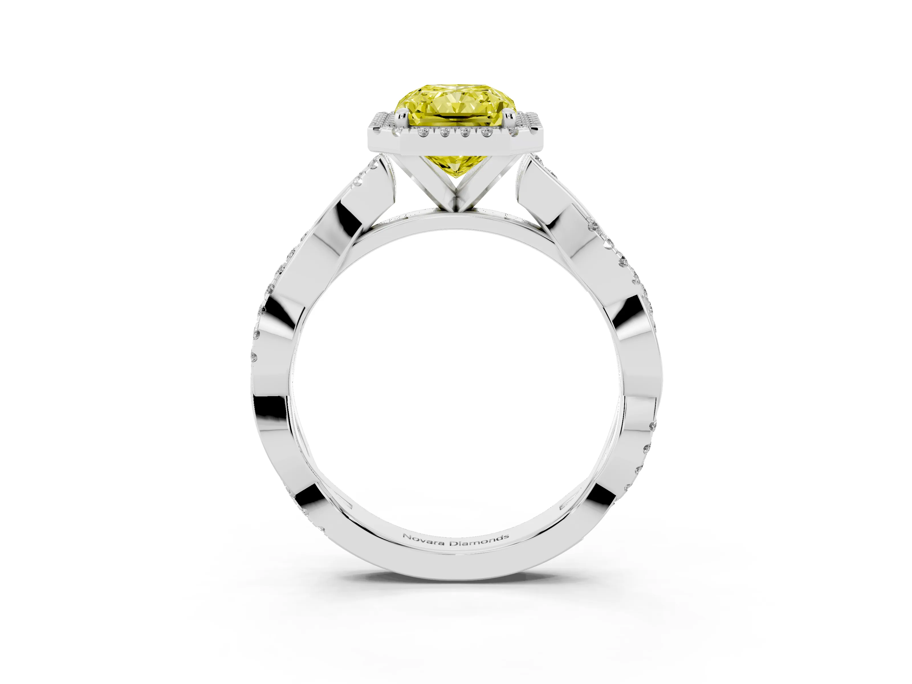 Fancy Yellow Radiant Cut Diamond Halo Twisted Band Ring Set in White gold with Prong Setting