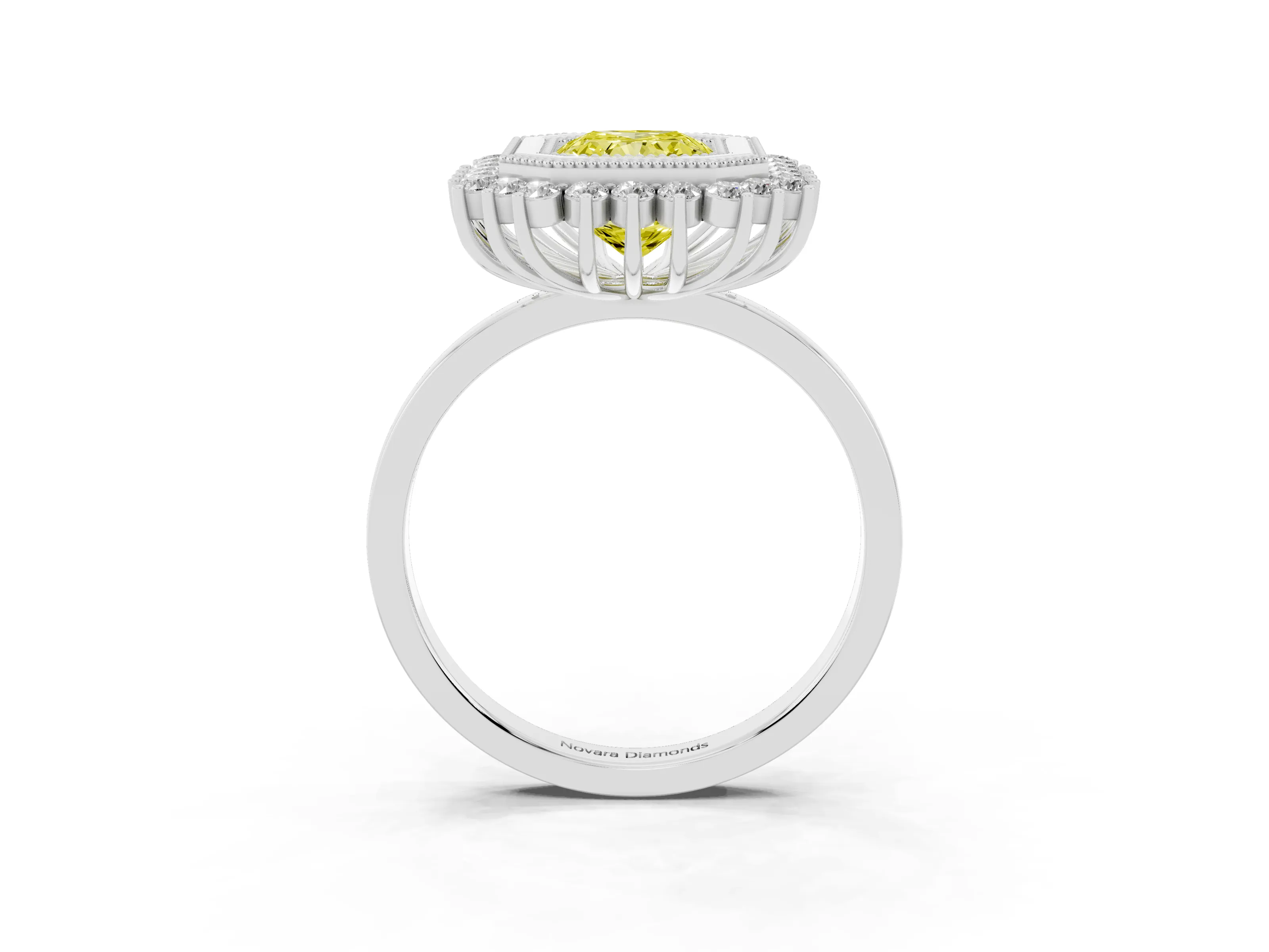 Fancy Yellow Radiant Cut Diamond Halo Ring Set in Silver with Milgrain Edge and Round Prong Setting