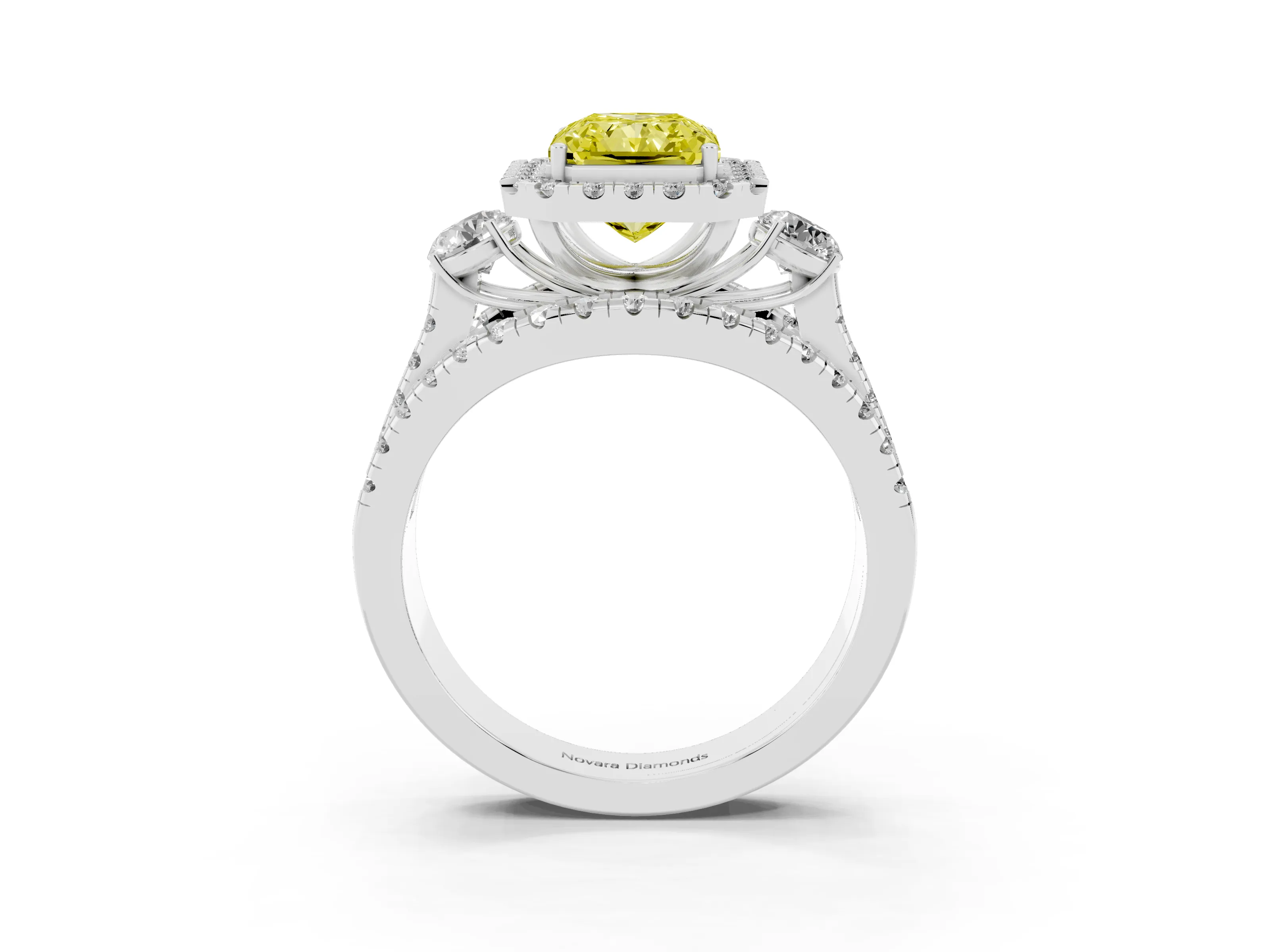 Fancy Yellow Radiant Cut Diamond Halo Split Shank Ring Set in Silver with Round Accent Stones and Prong Setting