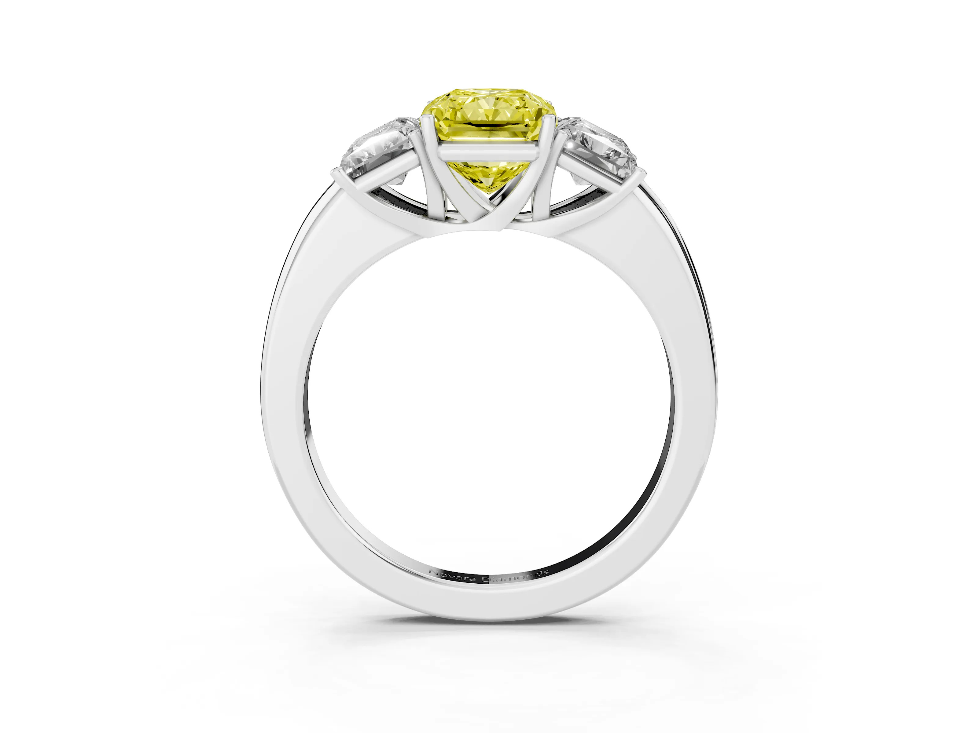 Fancy Yellow Radiant Cut Diamond Three-Stone Ring Set in White gold with Bold Center and Classic Band