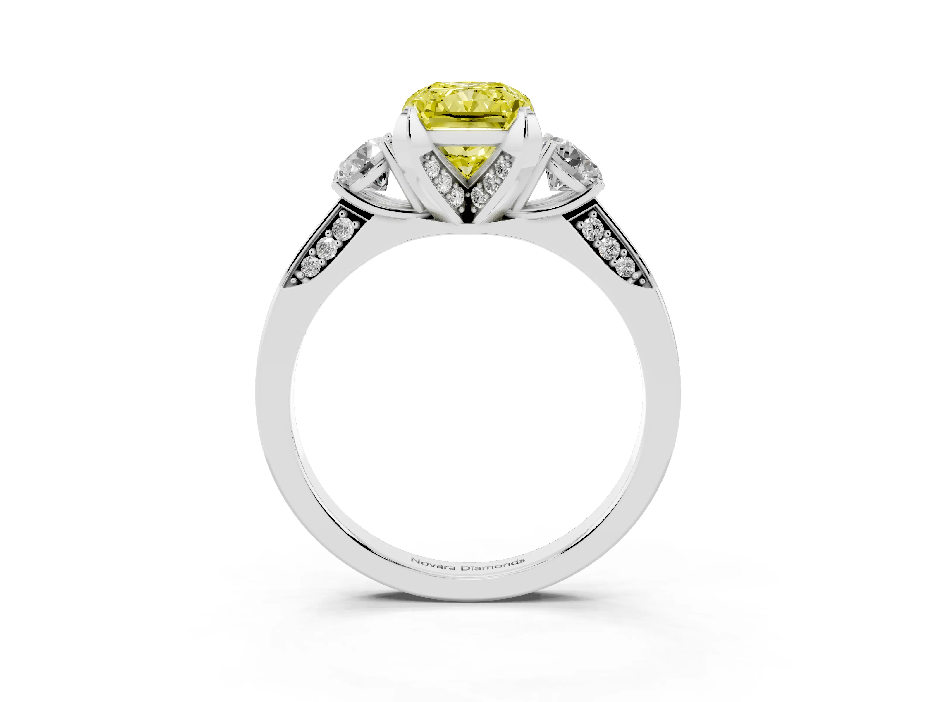 Fancy Yellow Radiant Cut Diamond Three-Stone Ring Set in White gold with Pavé Band and Smaller Side Stones