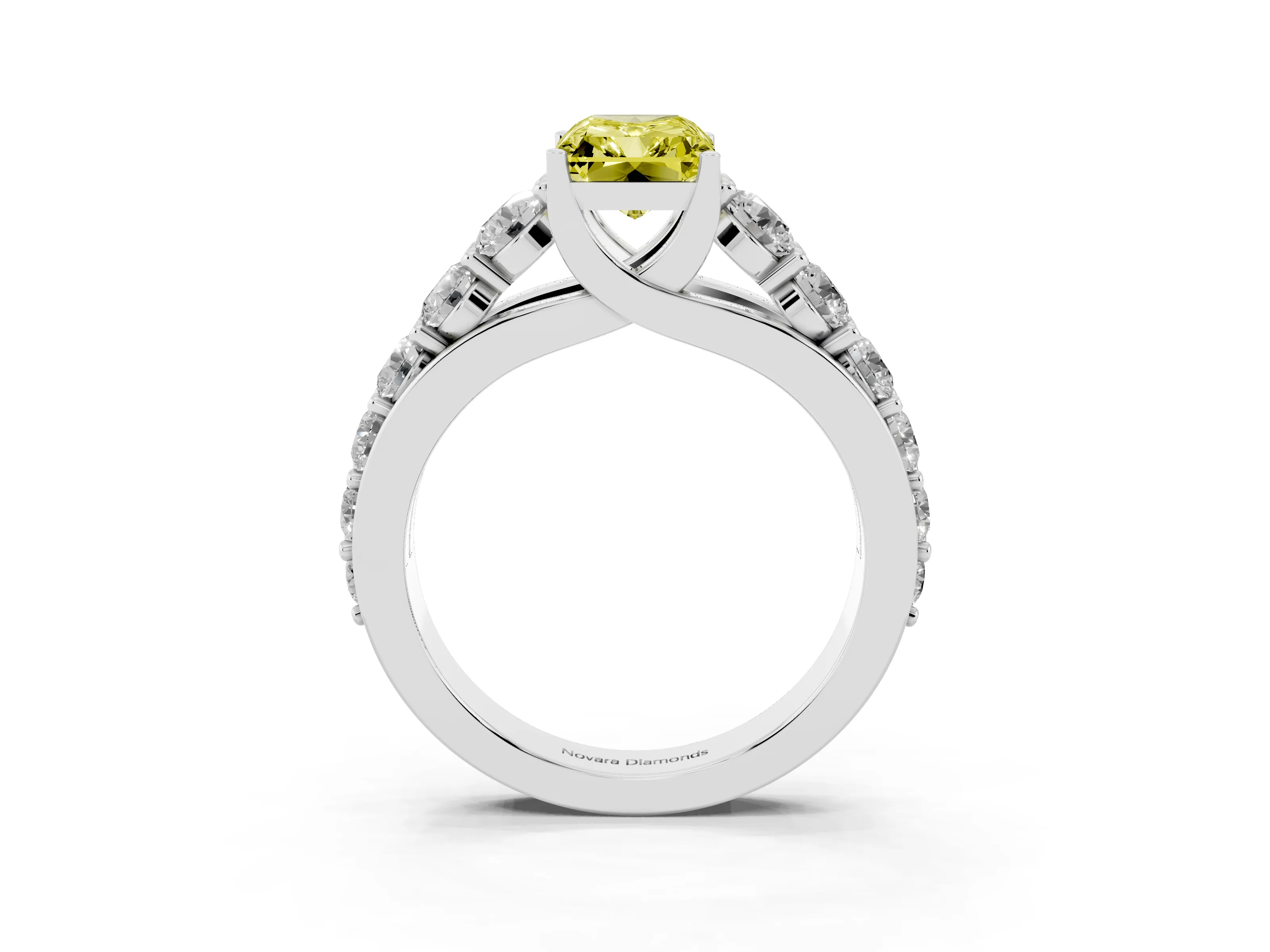 Fancy Yellow Radiant Cut Diamond Pavé Engagement Ring Set in Silver with Prong Setting