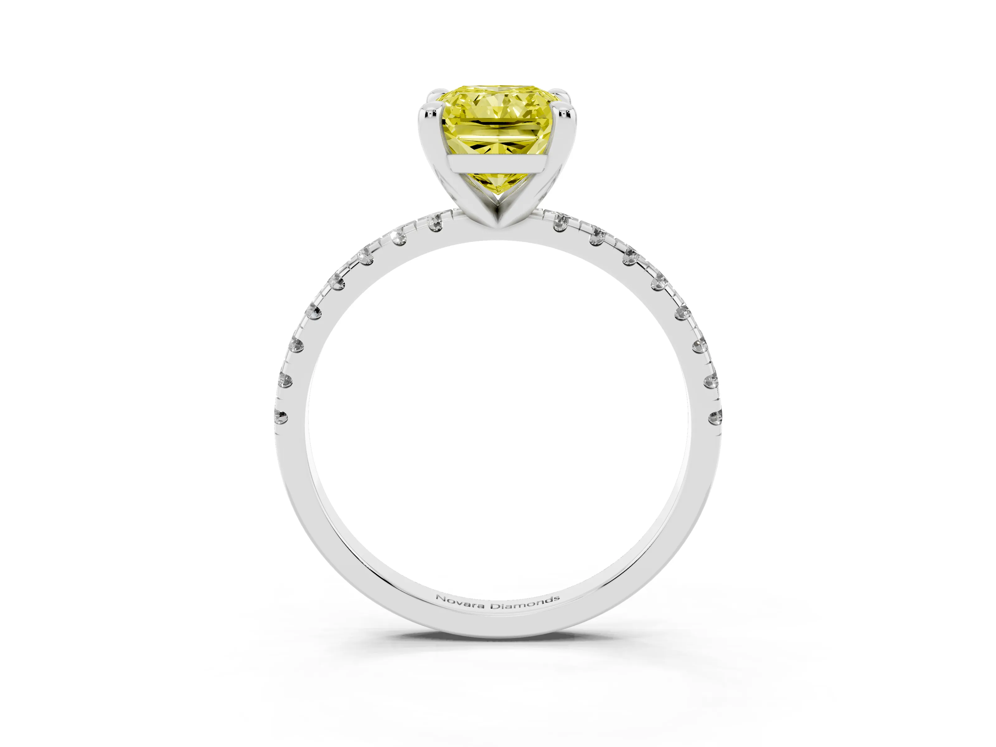 Fancy Yellow Radiant Cut Diamond Brilliant Solitaire Ring Set in White gold with Pavé Band and Prong Setting
