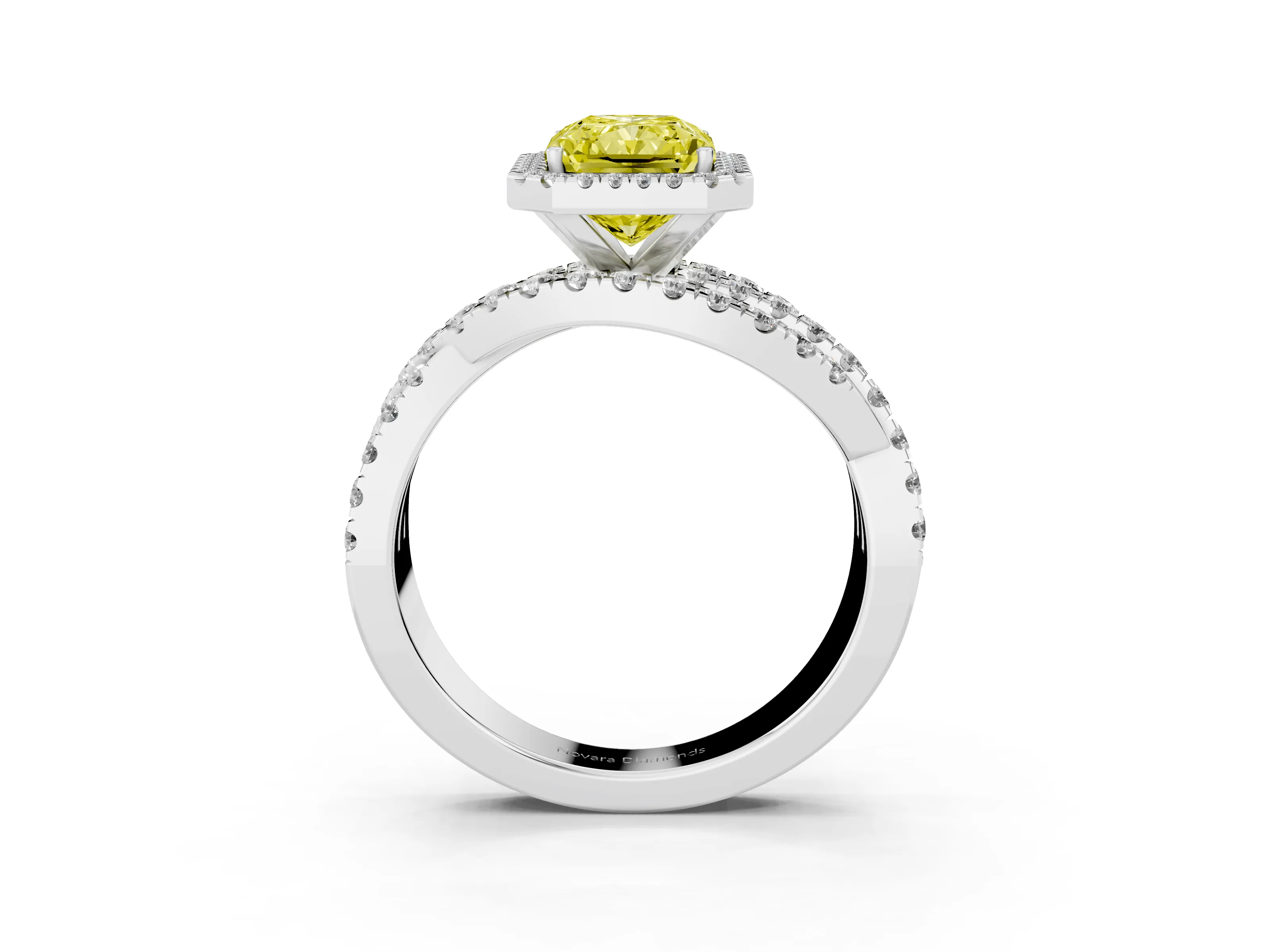 Fancy Yellow Radiant Cut Diamond Halo Ring Set in Platinum with Round Crossover Split Shank and Prong Setting