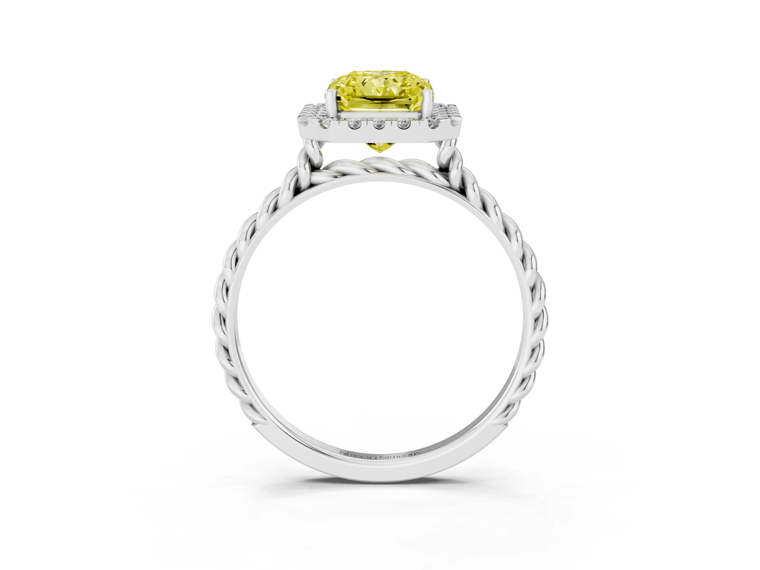 Fancy Yellow Radiant Cut Diamond Halo Ring Set in Platinum with Plain Twisted Band