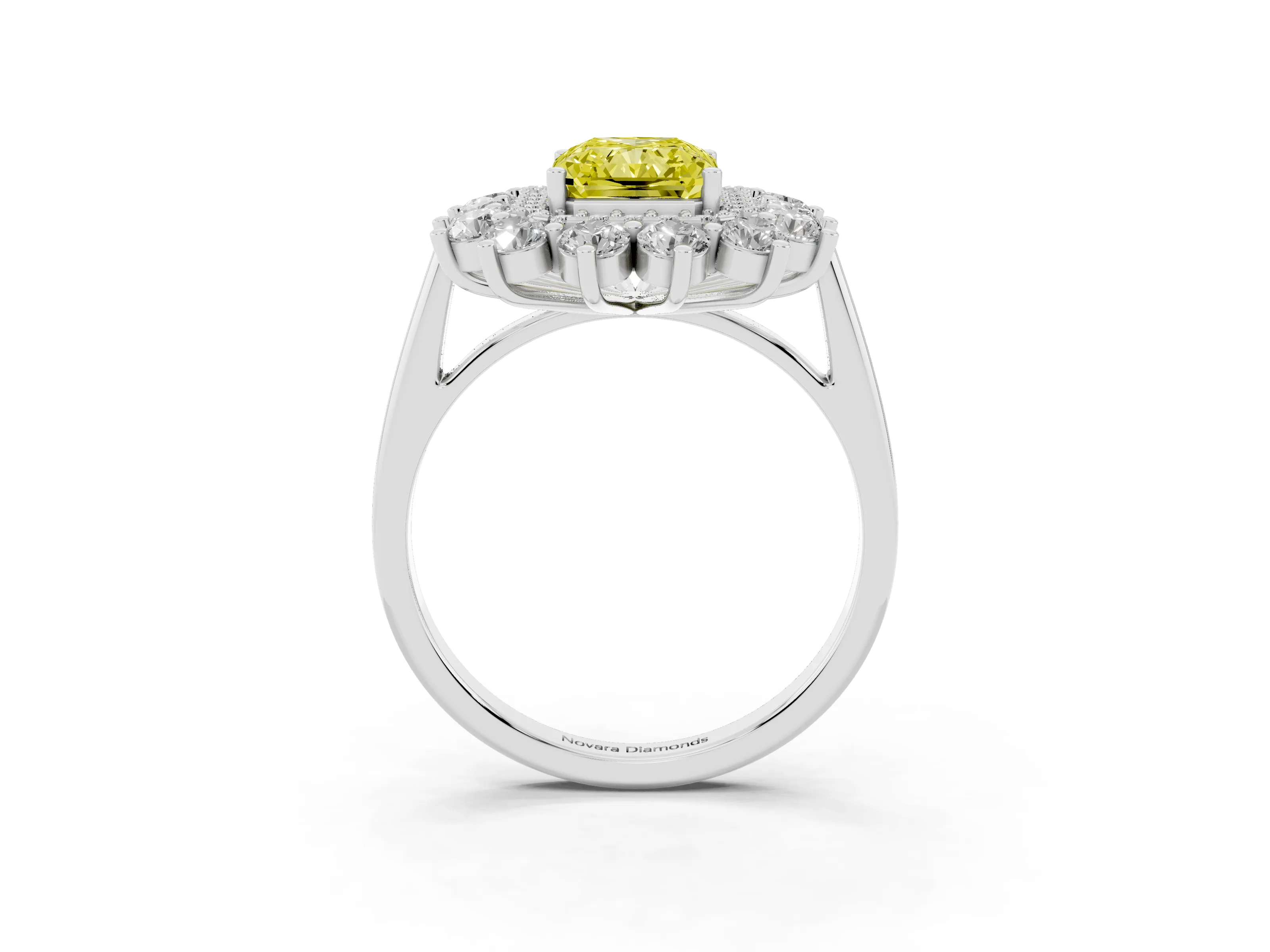 Fancy Yellow Radiant Cut Diamond Floral Double Halo Ring Set in White gold with Round Petals