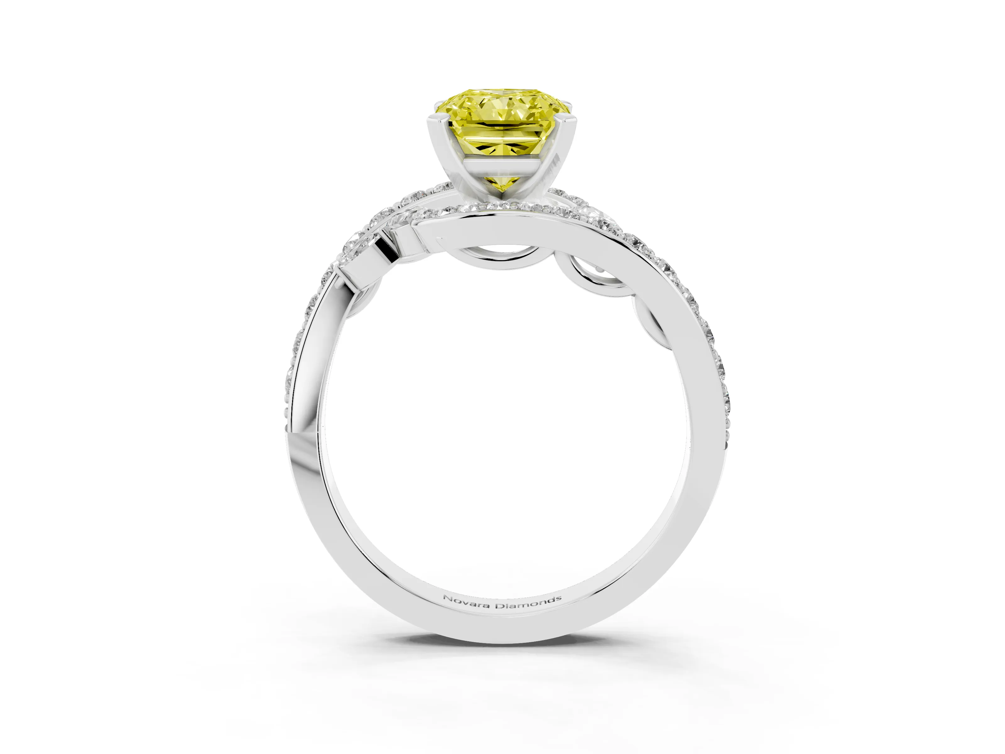 Fancy Yellow Radiant Cut Diamond Solitaire Ring Set in Silver with Pavé Twist Band and Secure Prong Setting