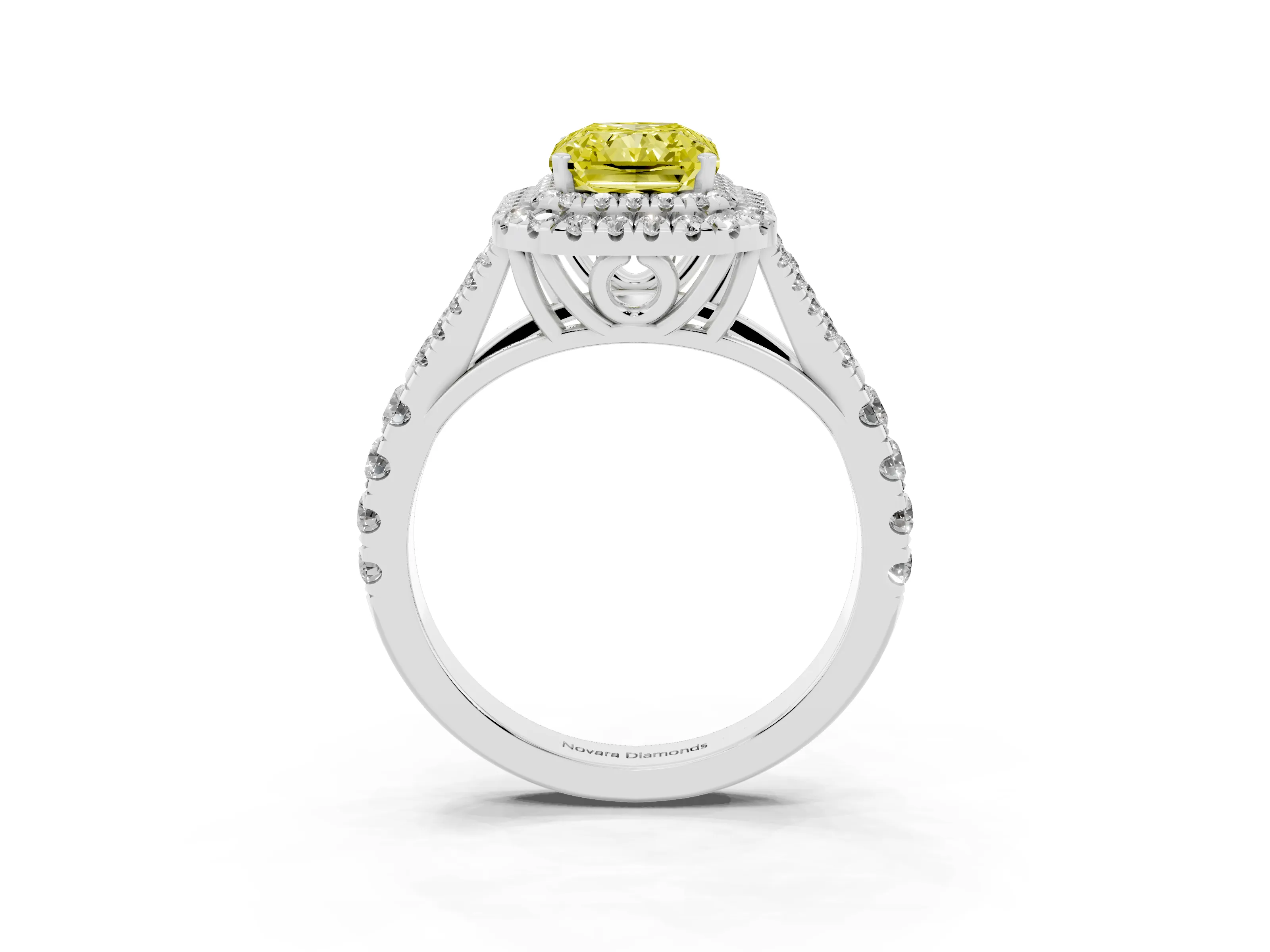 Fancy Yellow Radiant Cut Diamond Pavé Split Shank Double Halo Engagement Ring Set in Platinum