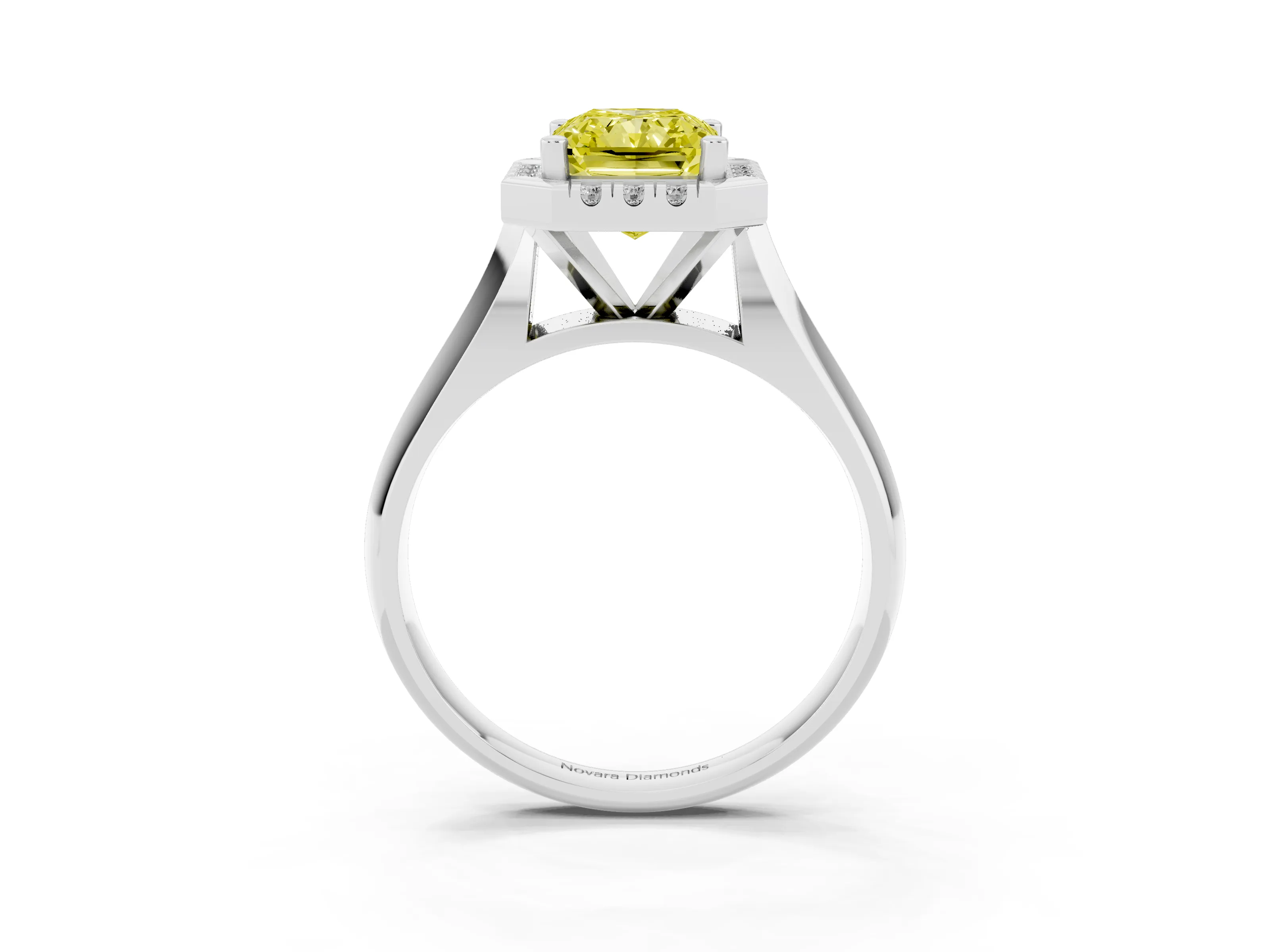 Fancy Yellow Radiant Cut Diamond Halo Solitaire Engagement Ring Set in Platinum with Square Band and Prong Setting