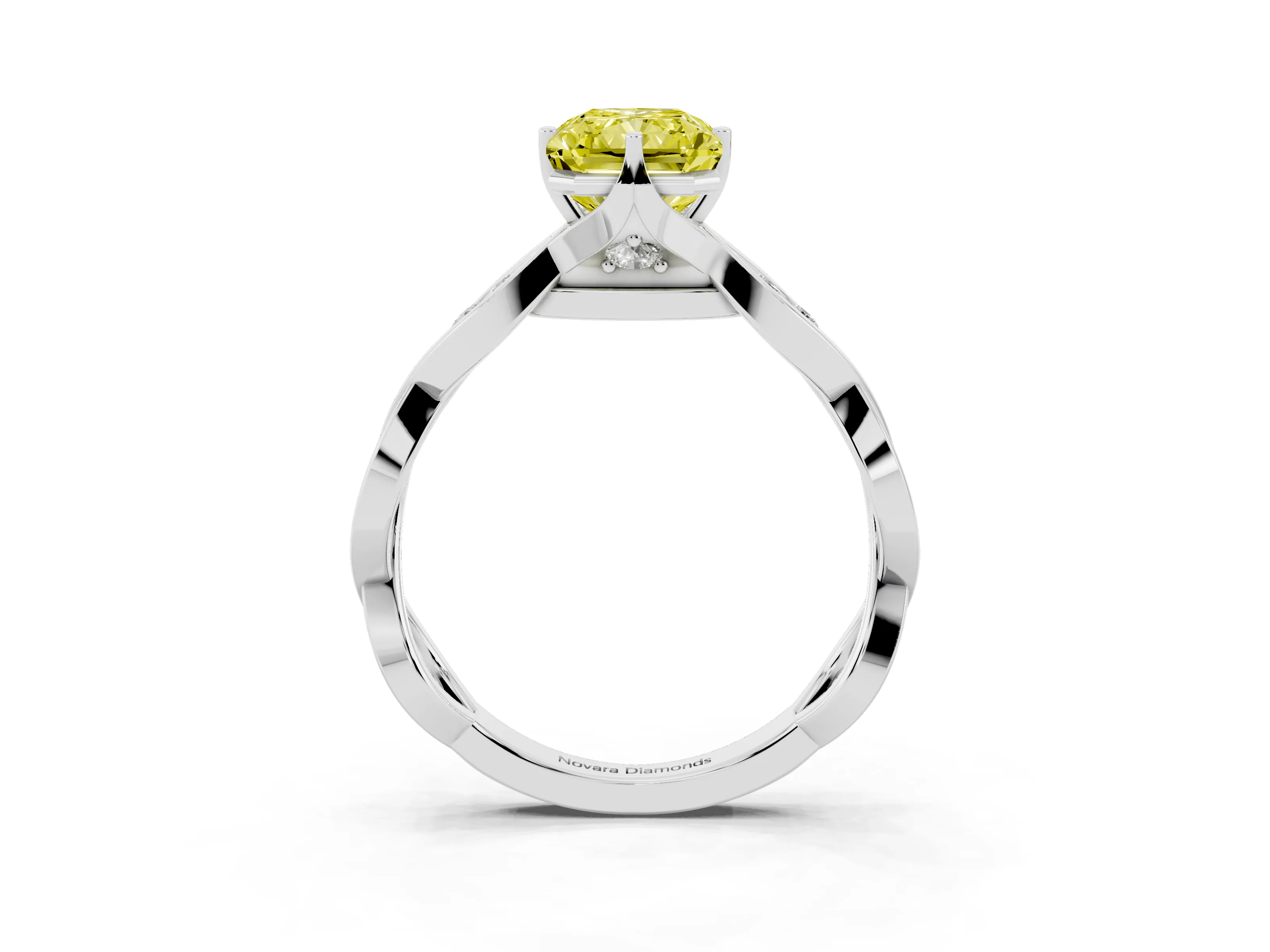 Fancy Yellow Radiant Cut Diamond Twist Band Solitaire Ring Set in Platinum with Leaf Prong Setting and Accent Stones
