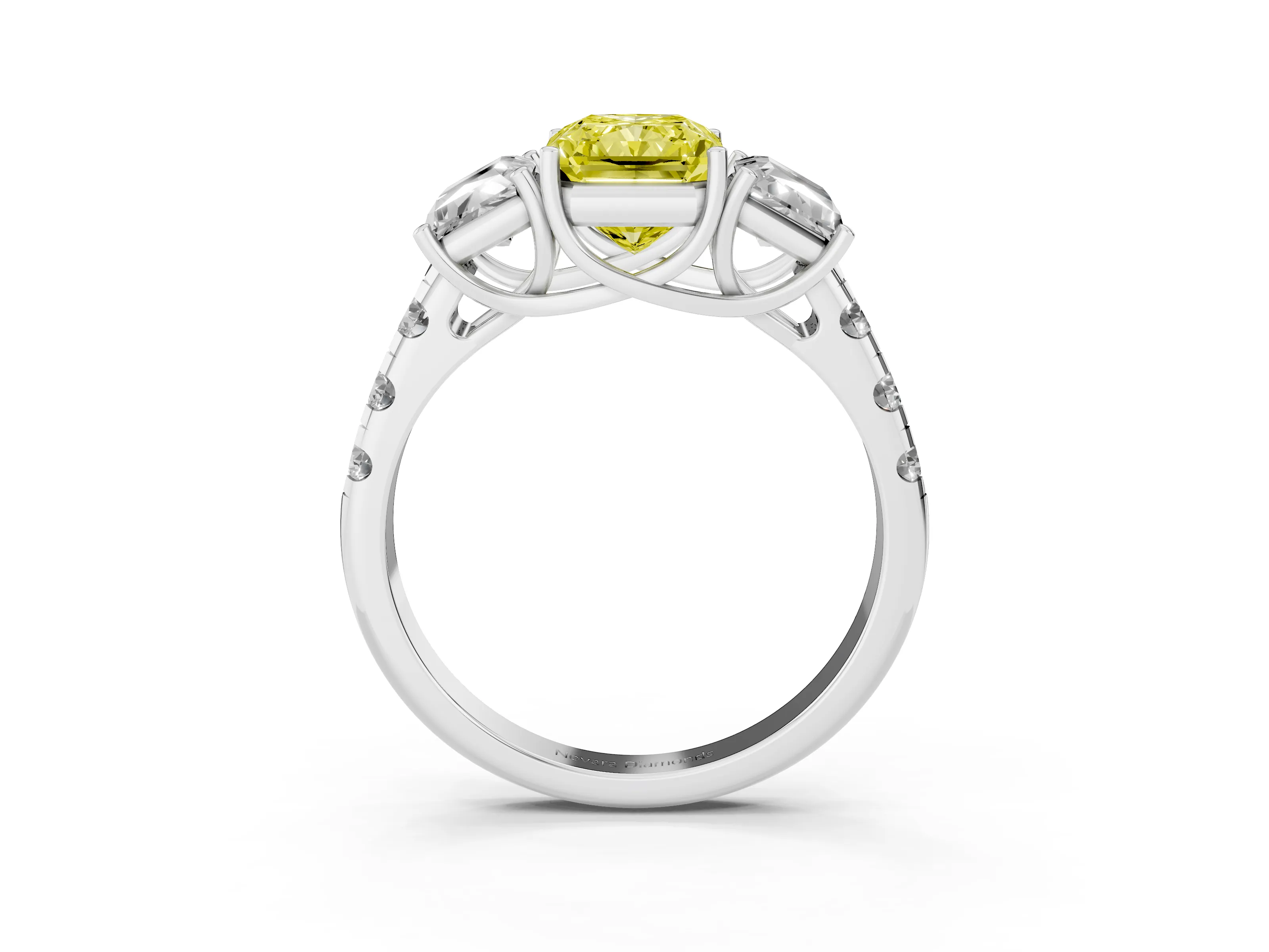 Fancy Yellow Radiant Cut Diamond Three-Stone Ring Set in Platinum with Pavé Band