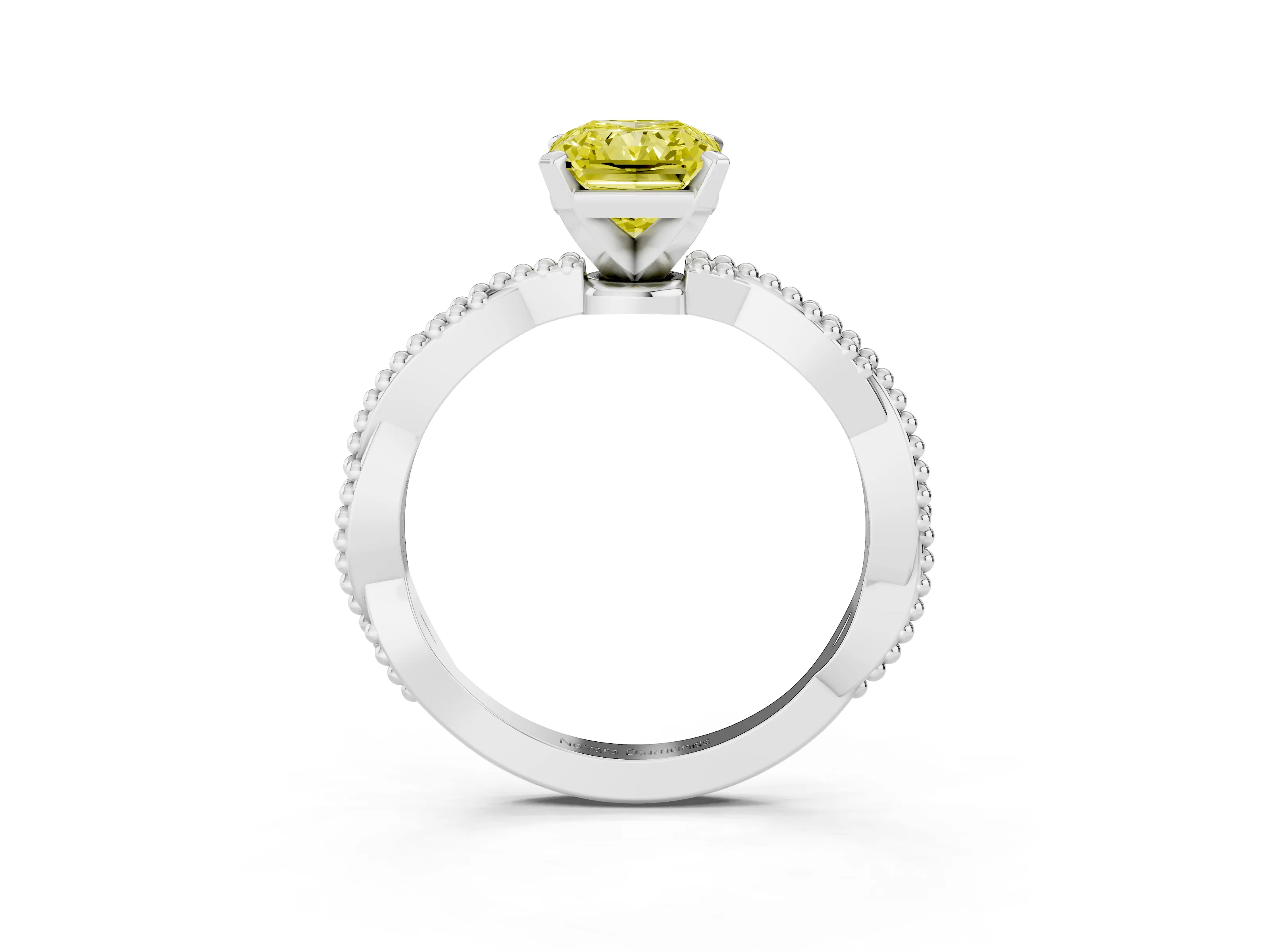 Fancy Yellow Radiant Cut Diamond Solitaire Ring Set in Platinum with Twisted Band and Bead Prong Setting