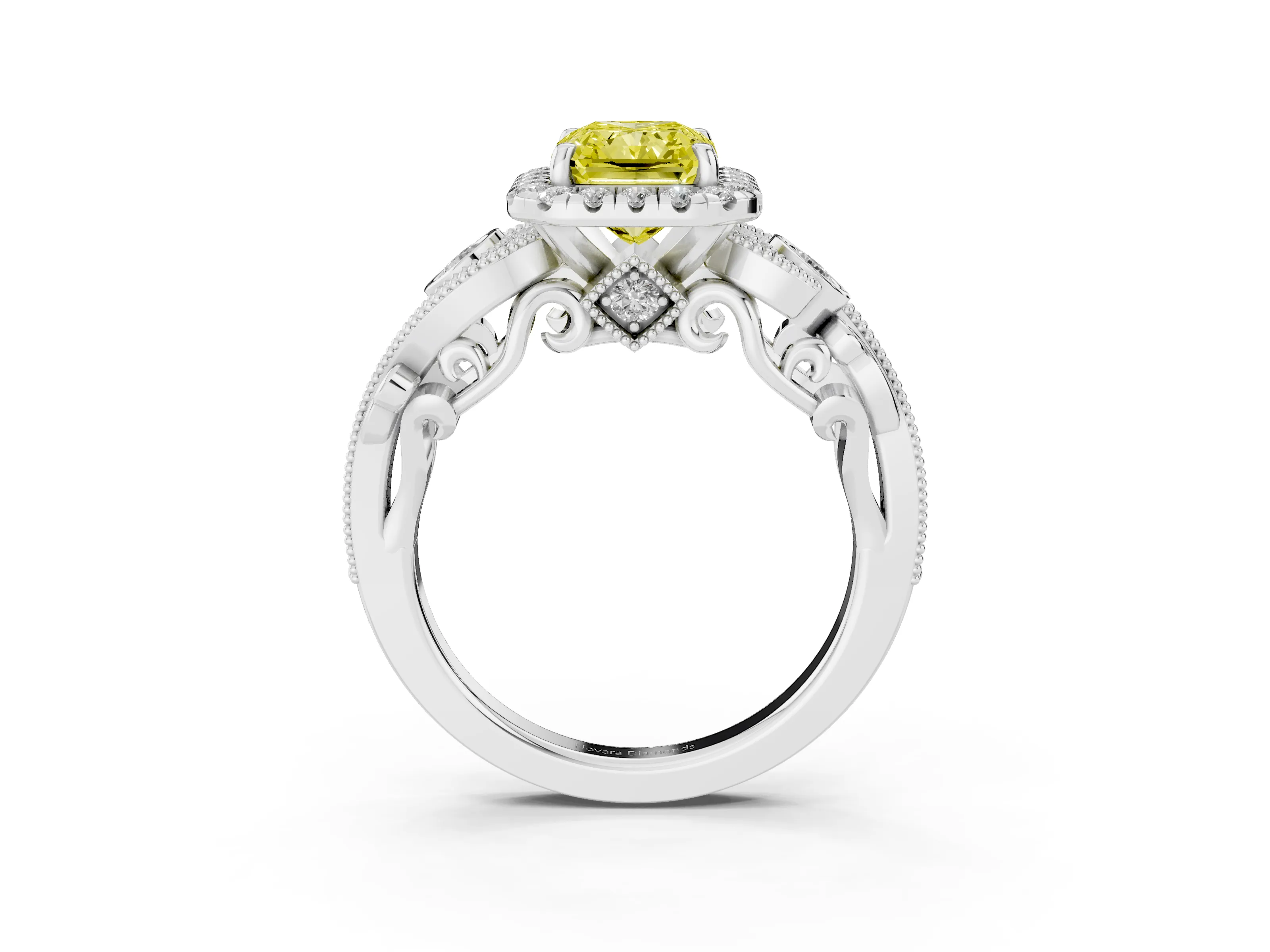 Fancy Yellow Radiant Cut Diamond Halo Ring Set in White gold with Milgrain Pavé Band and Prong Setting