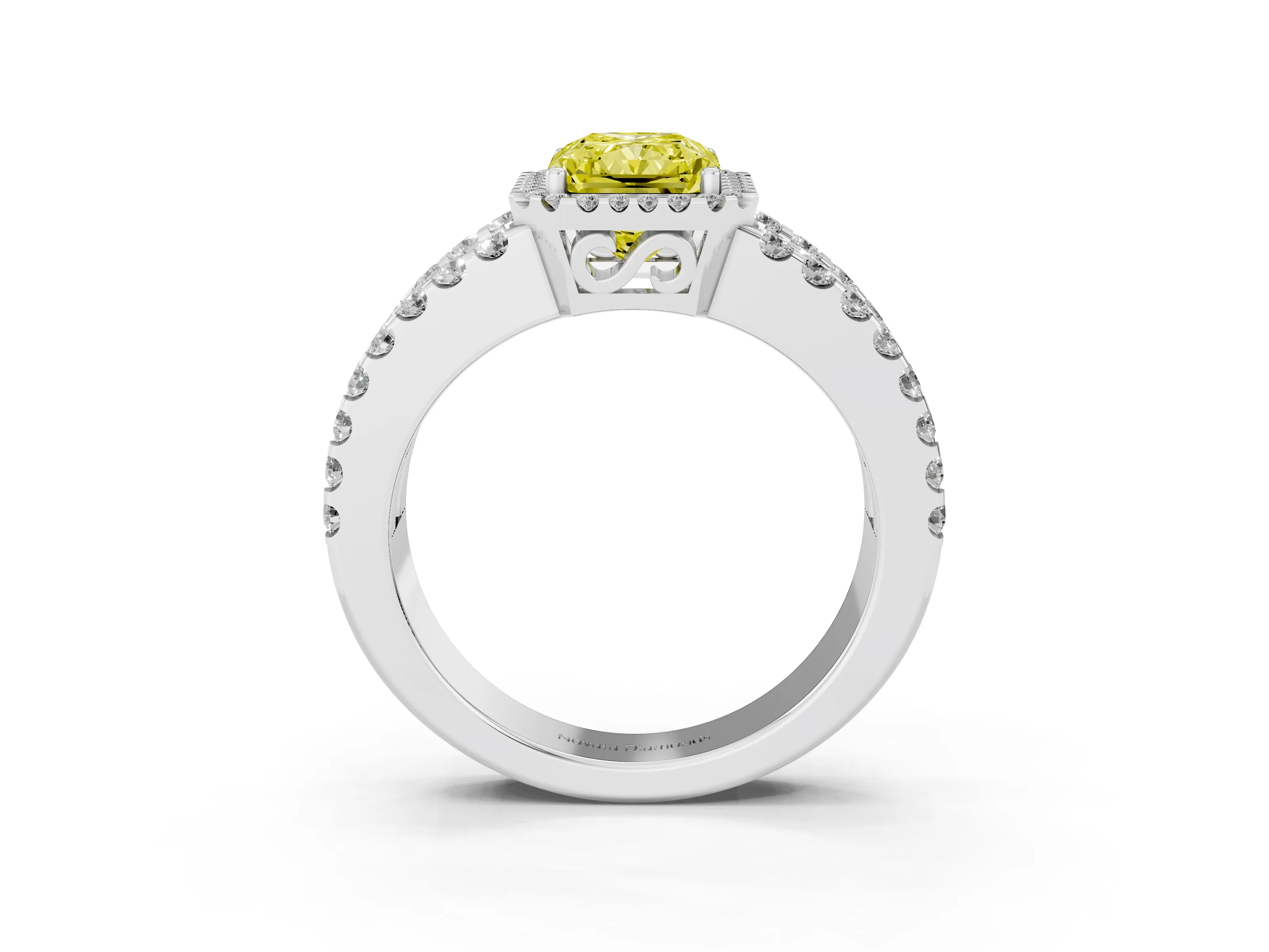 Fancy Yellow Radiant Cut Diamond Halo Ring Set in Silver with Pavé Split Shank and Prong Setting