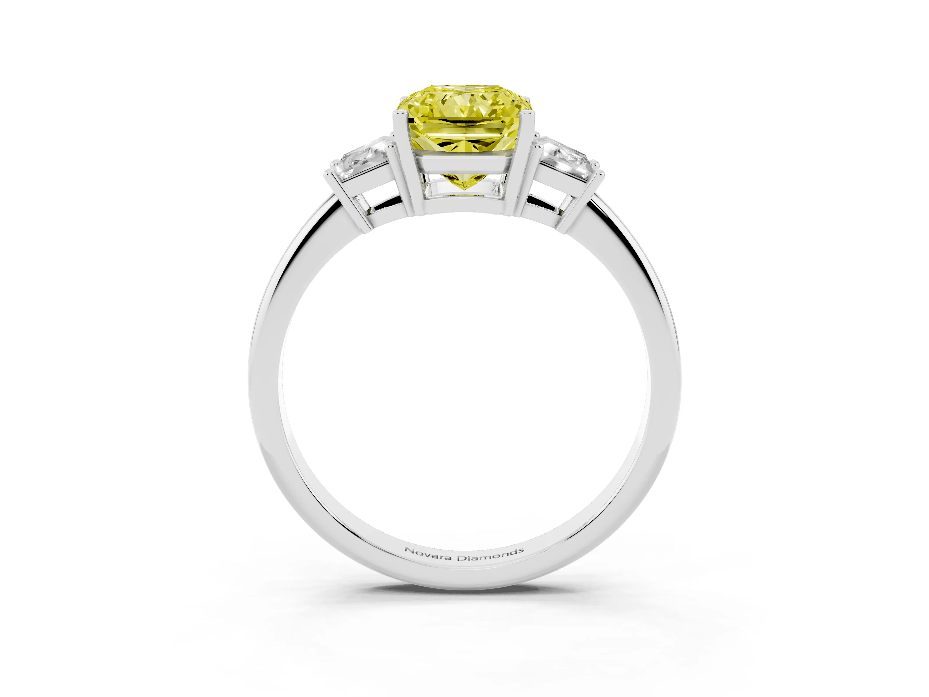 Fancy Yellow Radiant Cut Diamond Three-Stone Ring Set in Silver with Trapezoid Side Stones and Prong Setting